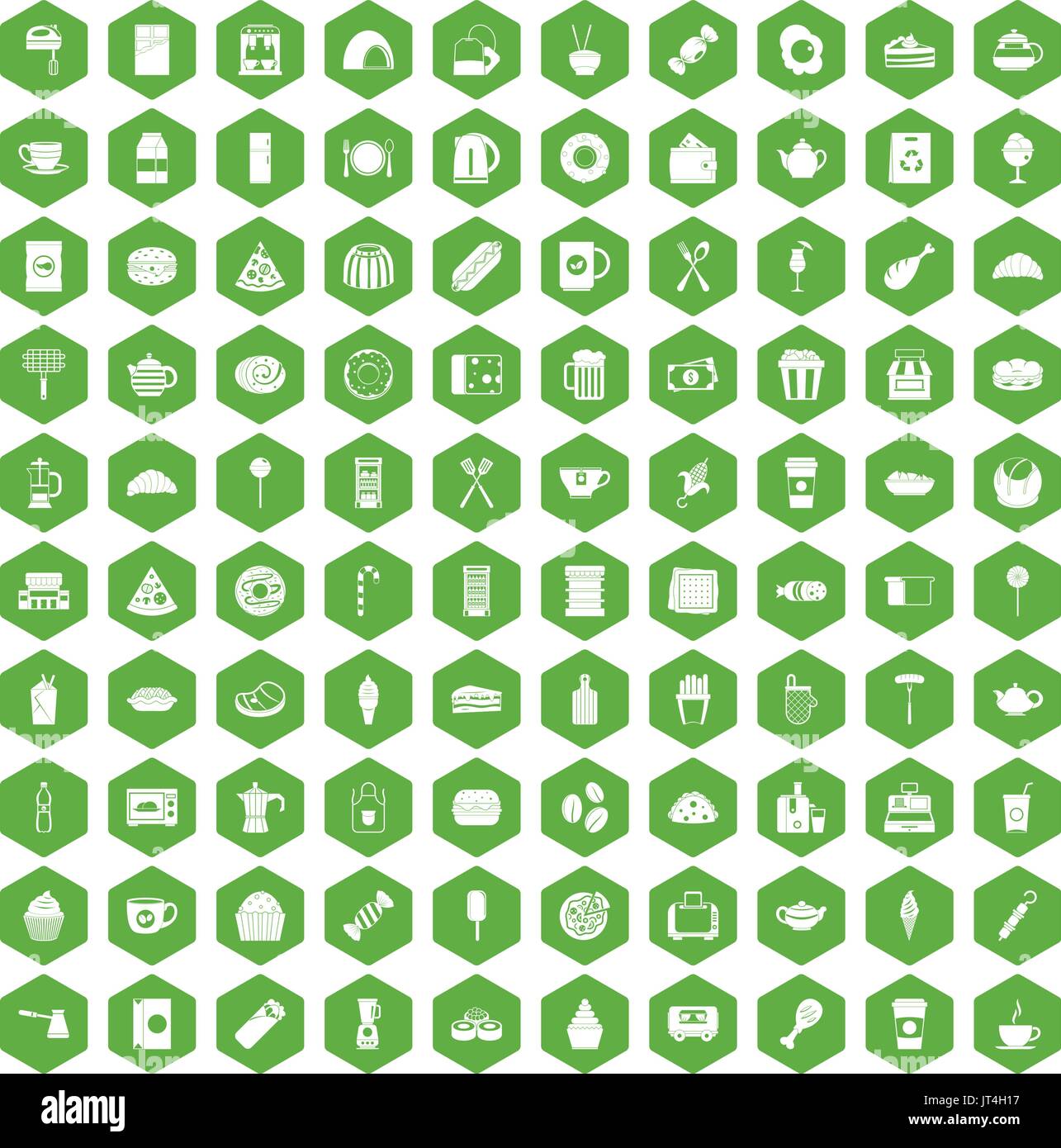 100 cafe icons hexagon green Stock Vector