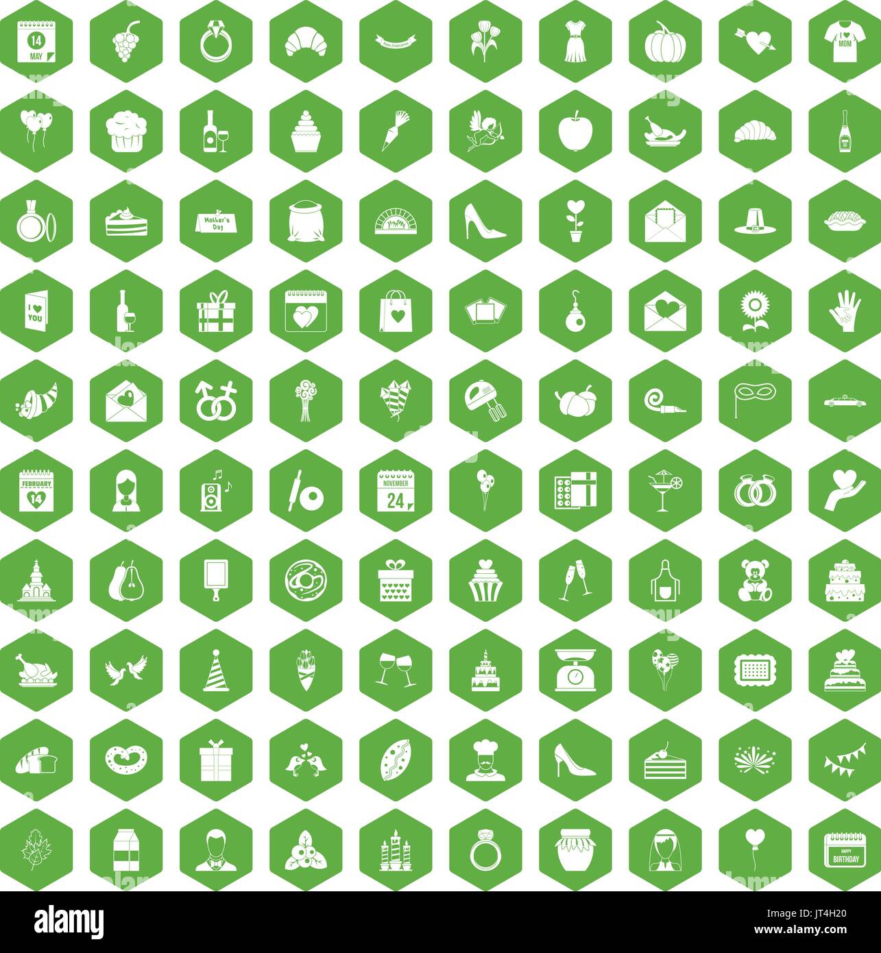 100 cake icons hexagon green Stock Vector