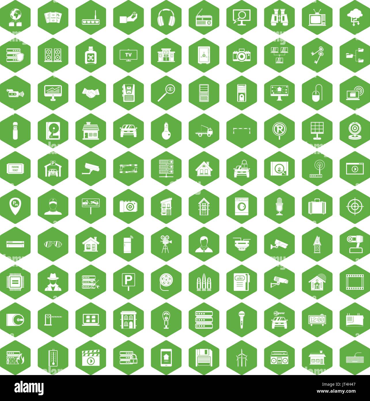 100 camera icons hexagon green Stock Vector