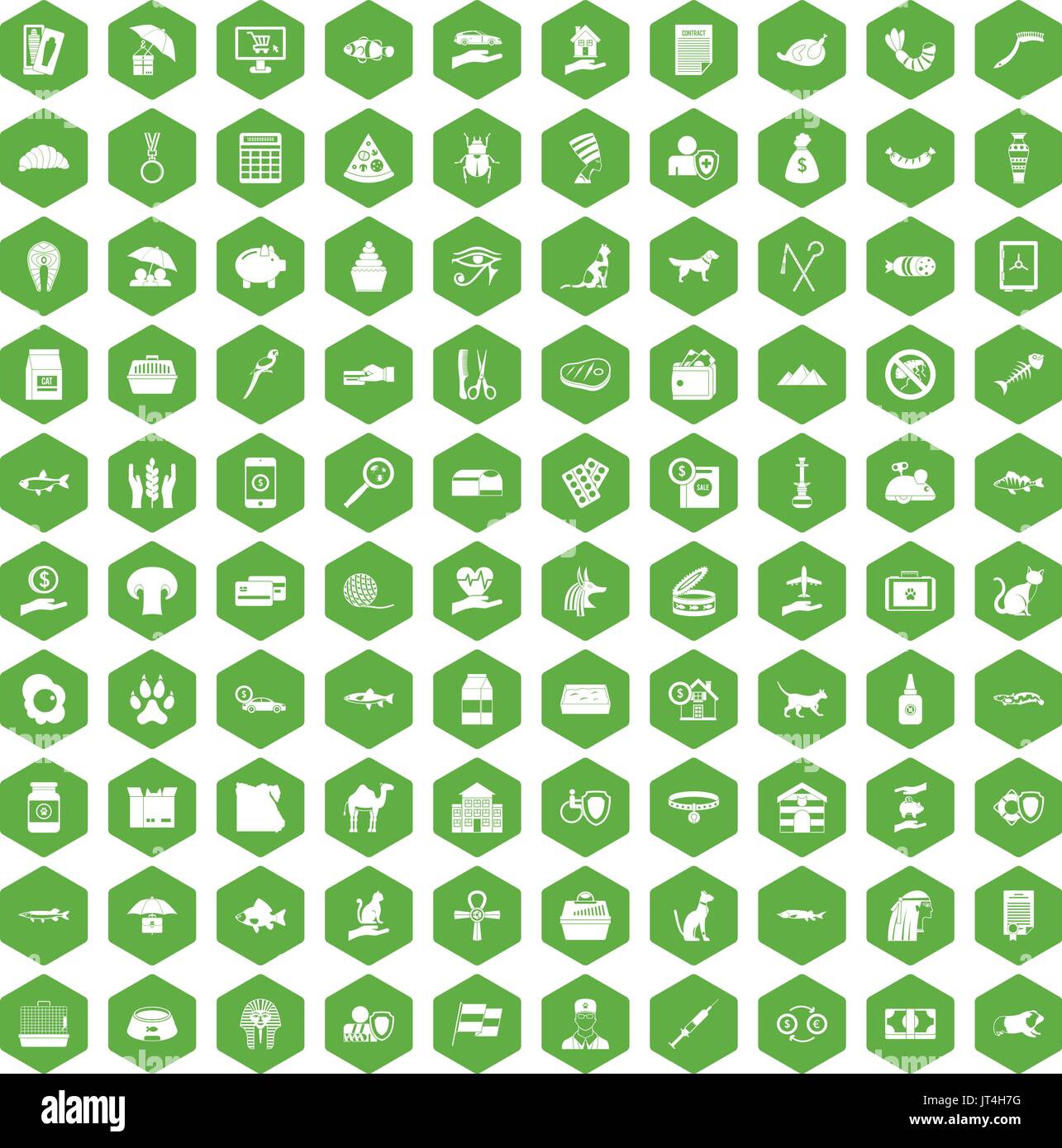 100 cat icons hexagon green Stock Vector