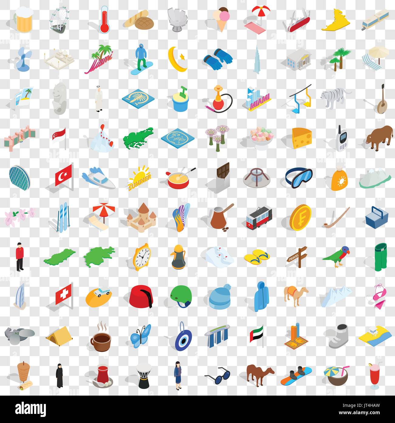 100 vacation icons set, isometric 3d style Stock Vector