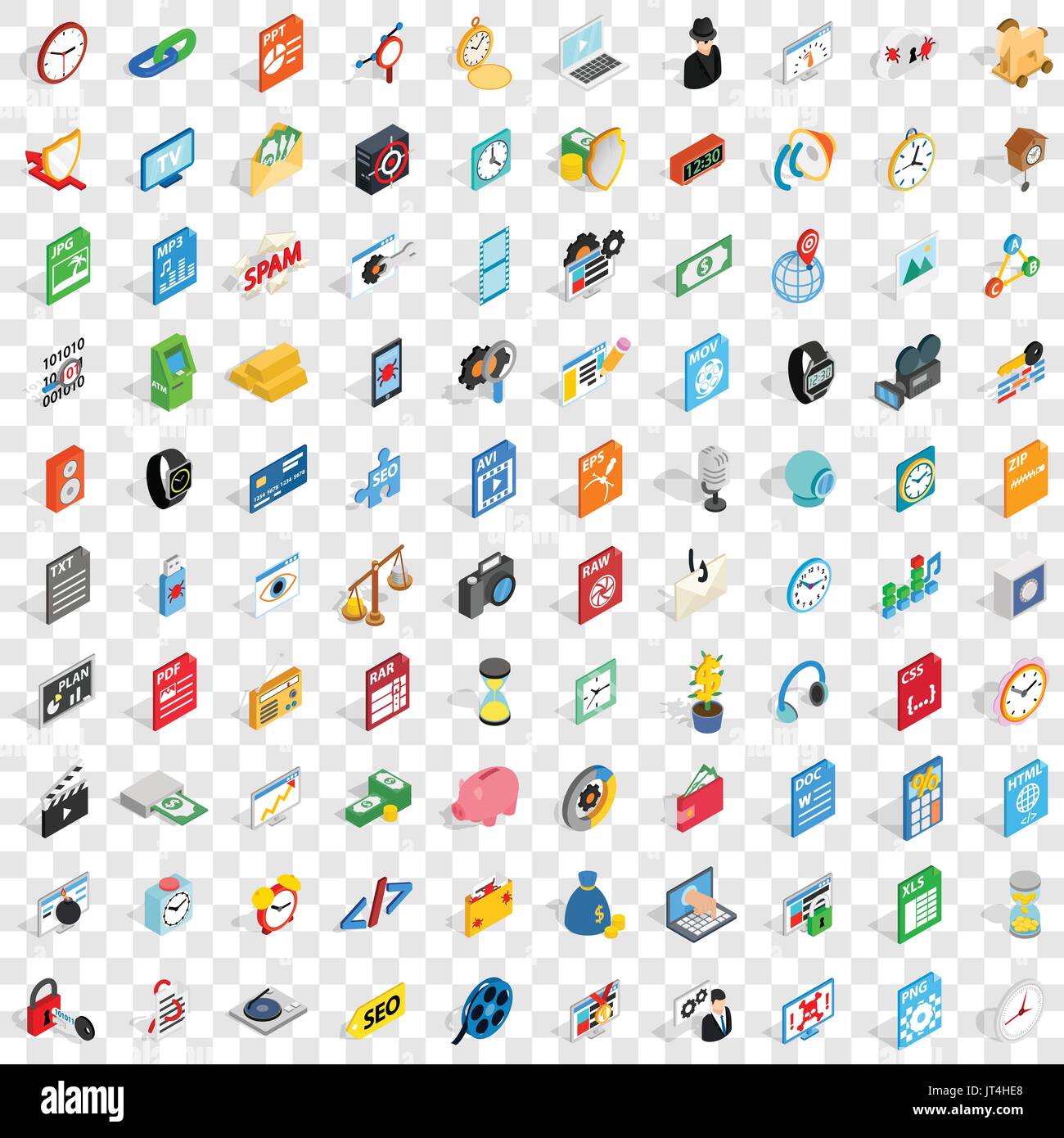 100 video icons set, isometric 3d style Stock Vector