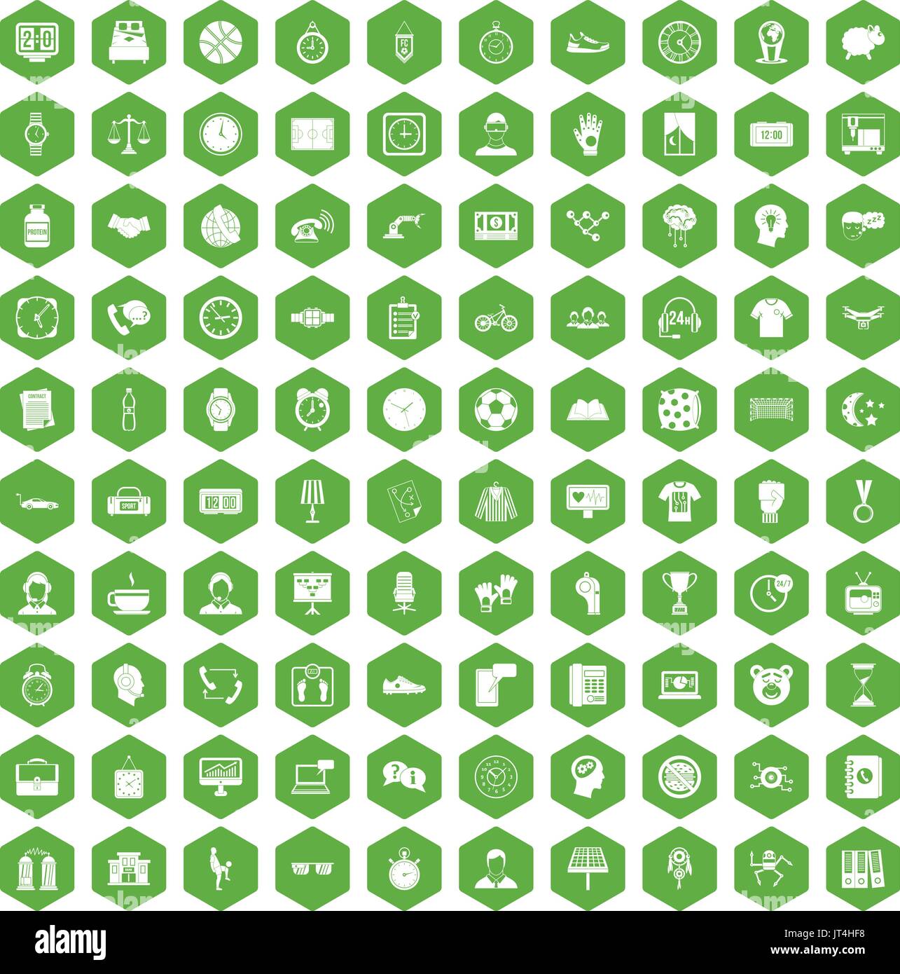 100 clock icons hexagon green Stock Vector
