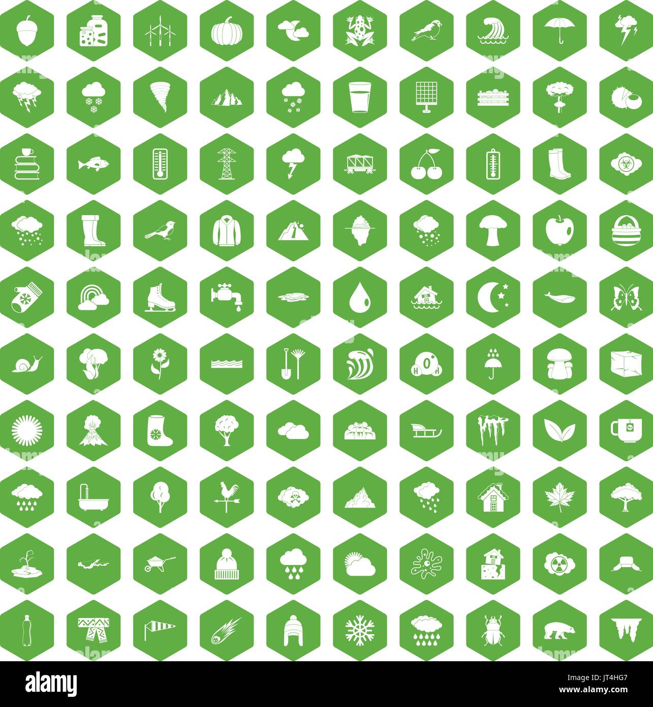 100 clouds icons hexagon green Stock Vector