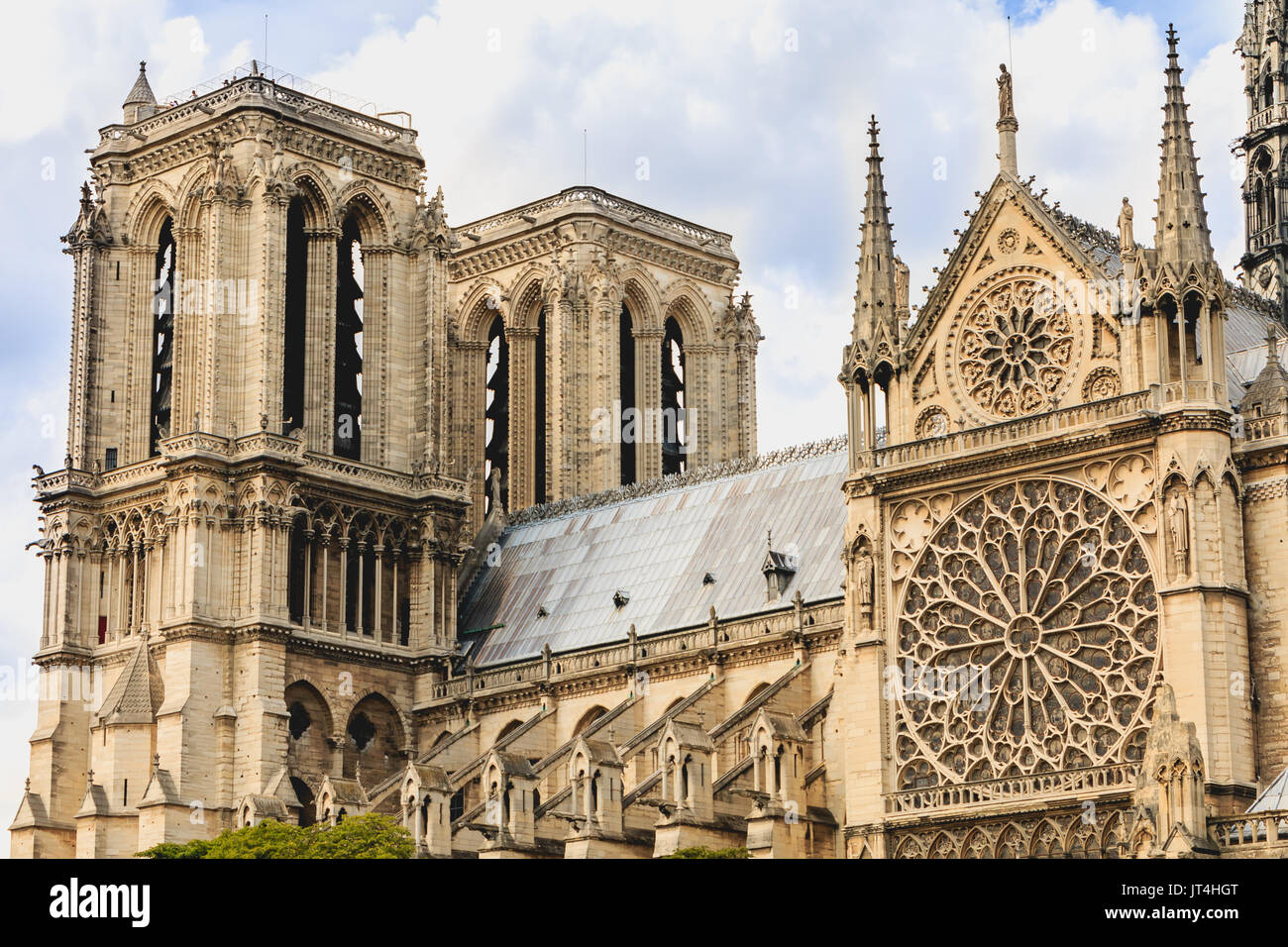 Detail of the architecture of NotreDame Cathedral in Paris, France