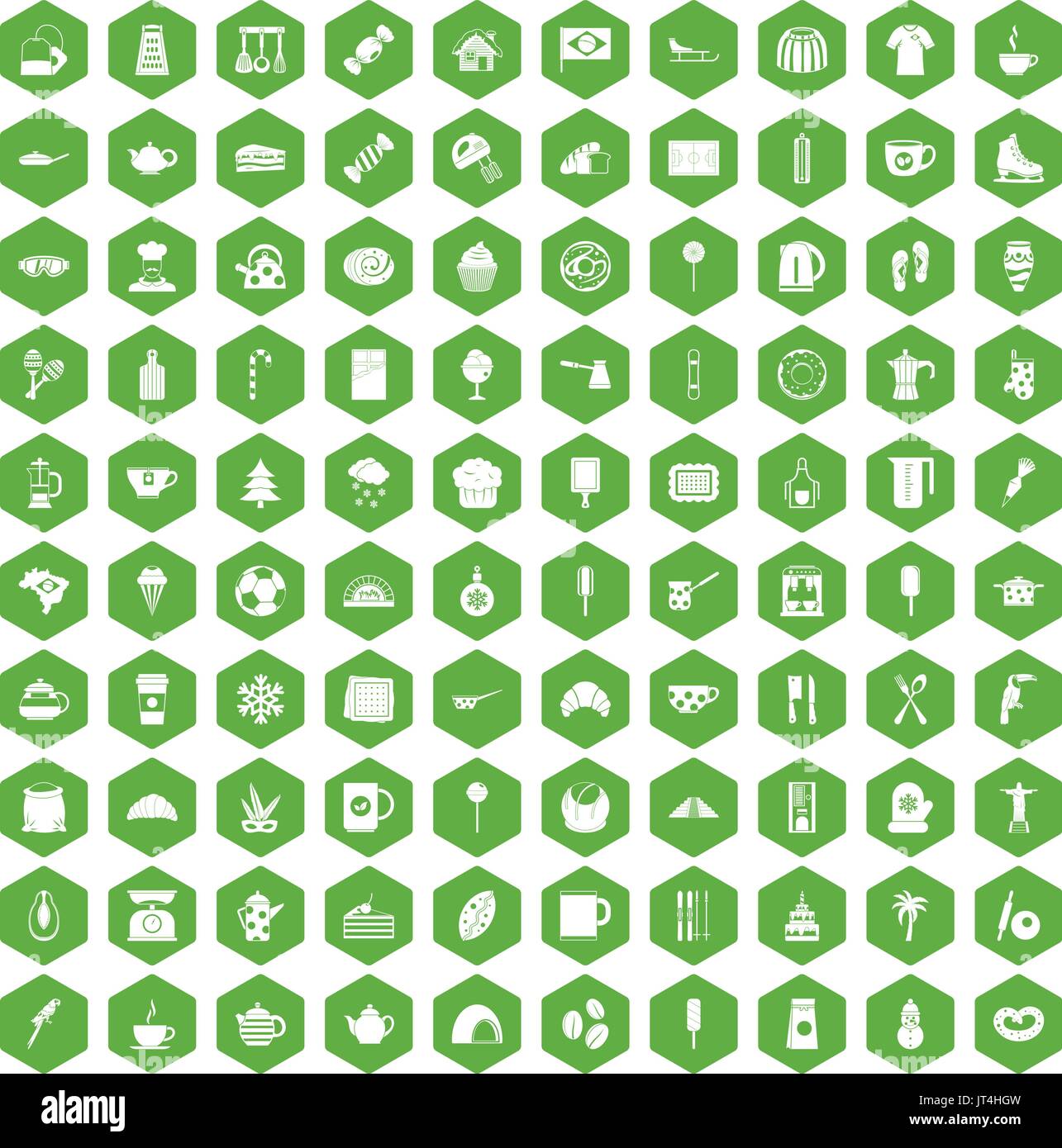 100 coffee icons hexagon green Stock Vector