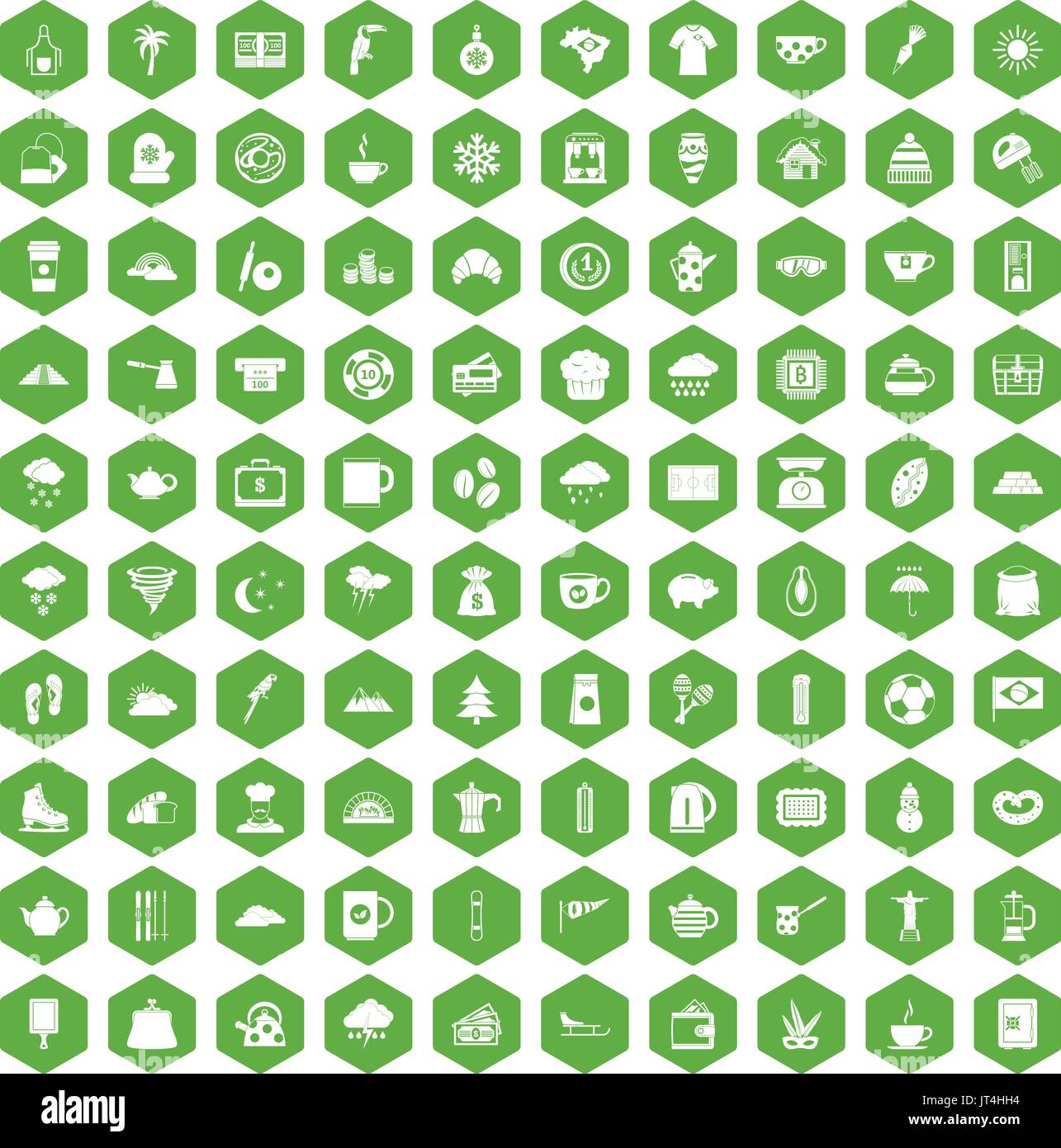 100 coffee cup icons hexagon green Stock Vector