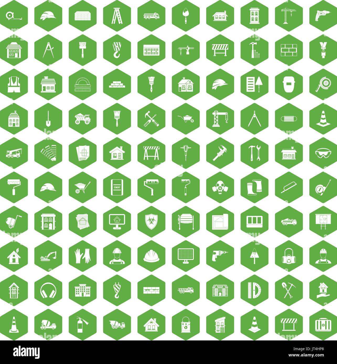 100 construction icons hexagon green Stock Vector