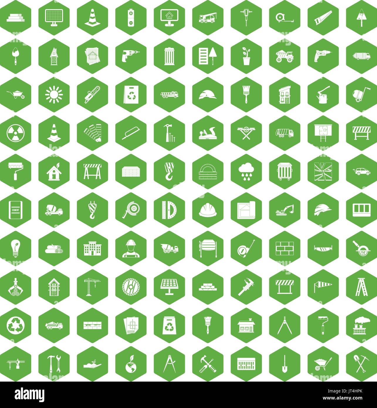 100 construction site icons hexagon green Stock Vector