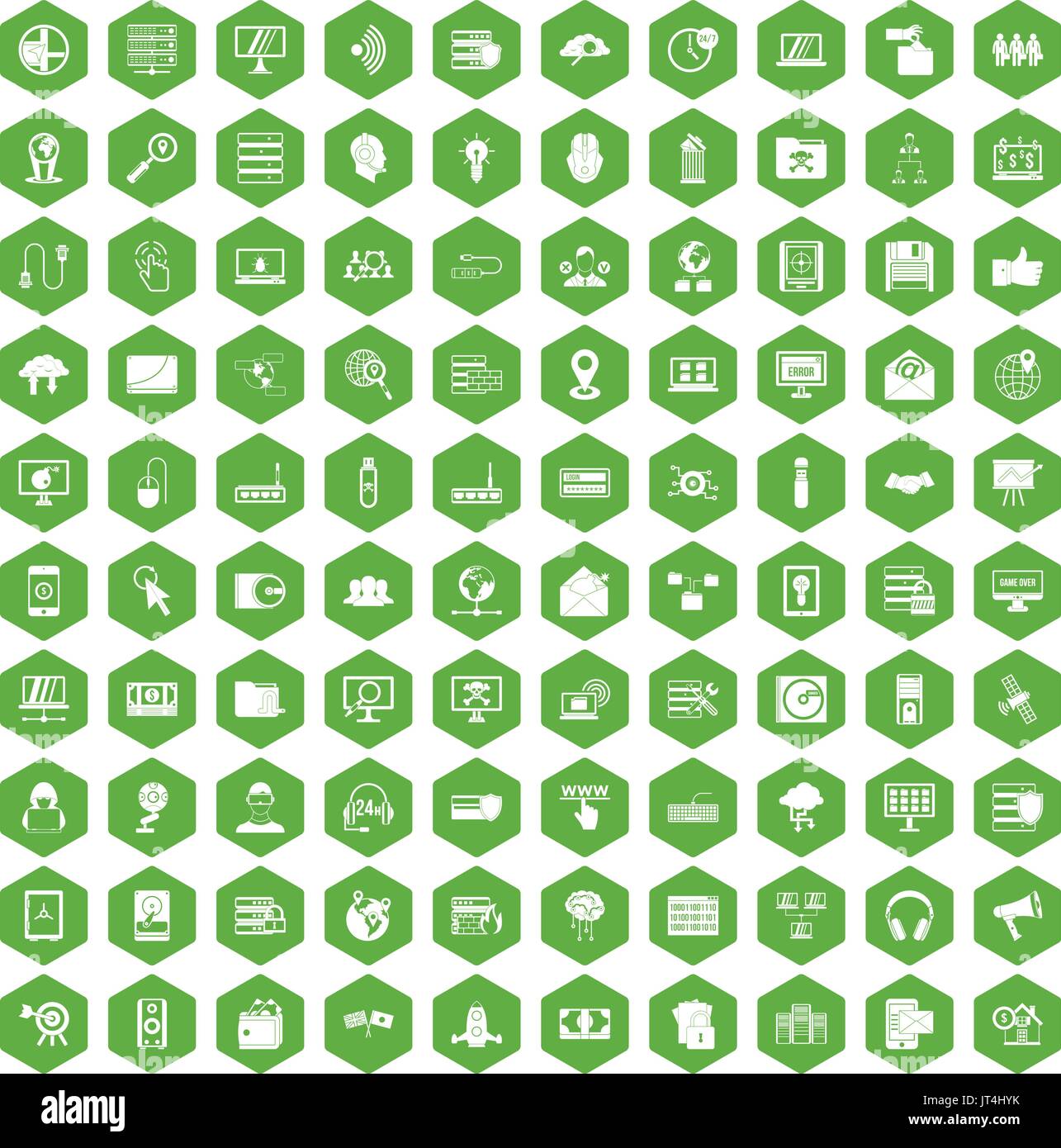 100 cyber security icons hexagon green Stock Vector