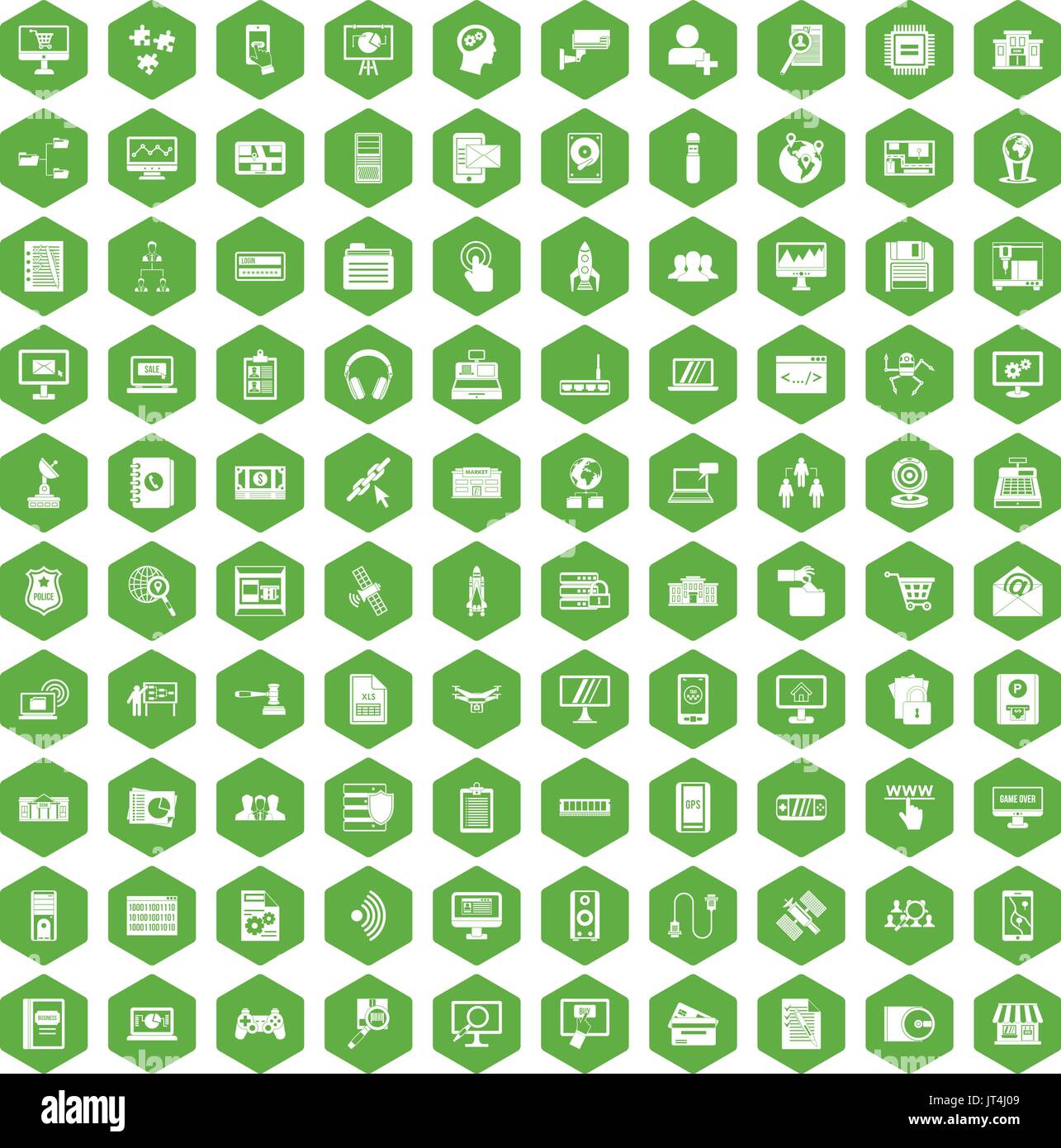 100 database icons hexagon green Stock Vector
