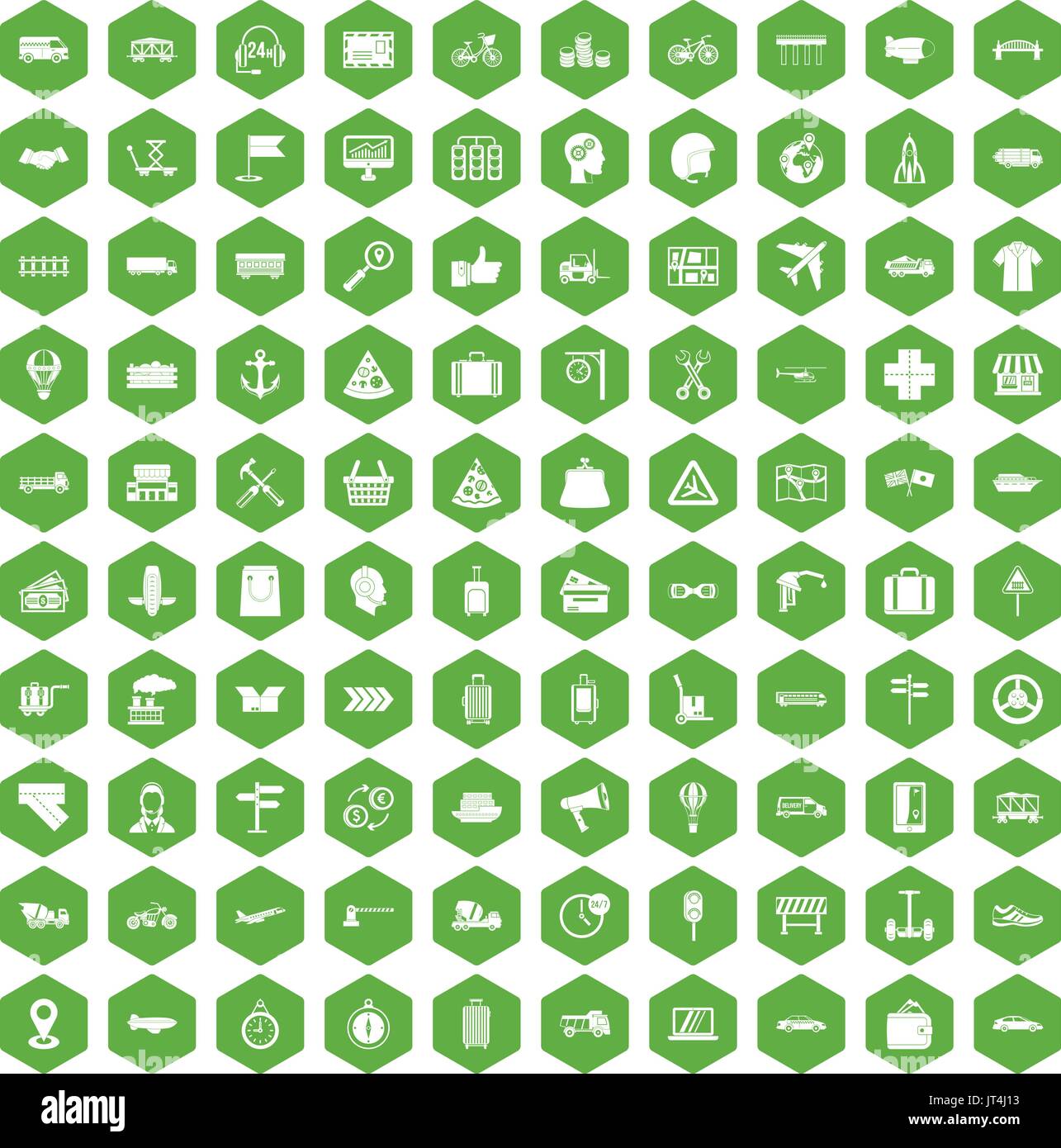 100 delivery icons hexagon green Stock Vector