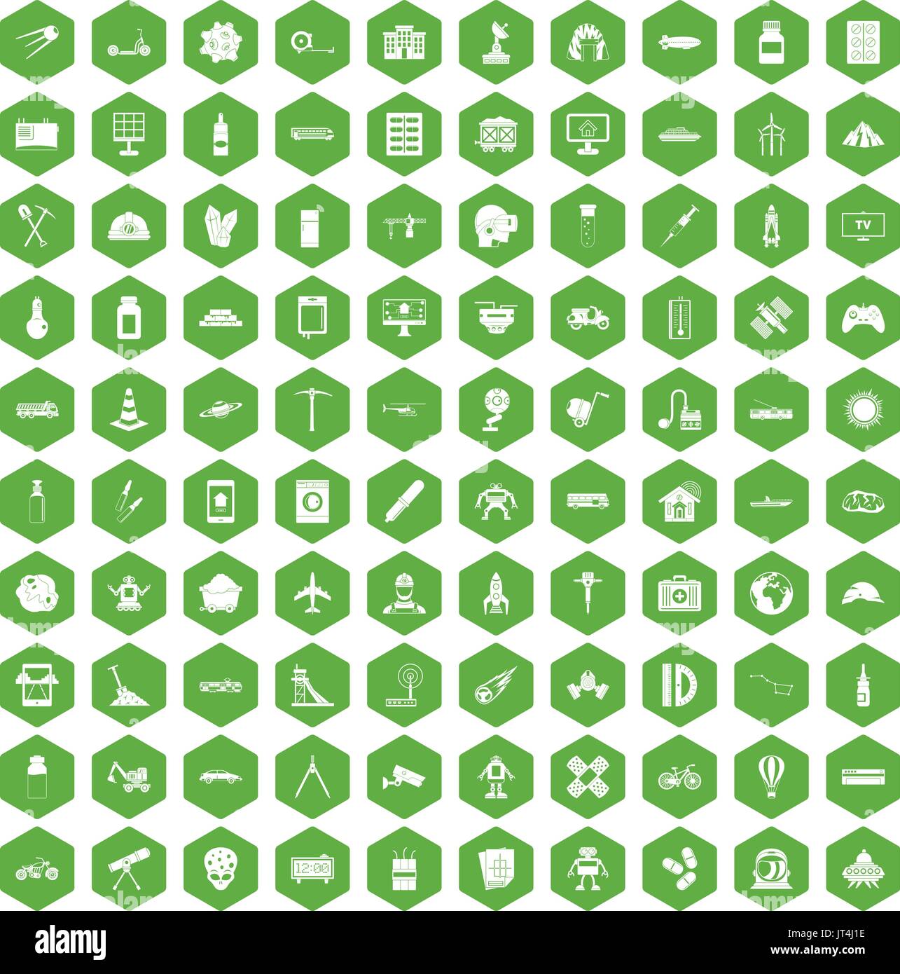100 development icons hexagon green Stock Vector