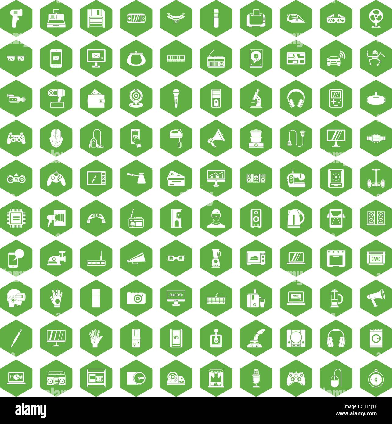 100 device app icons hexagon green Stock Vector