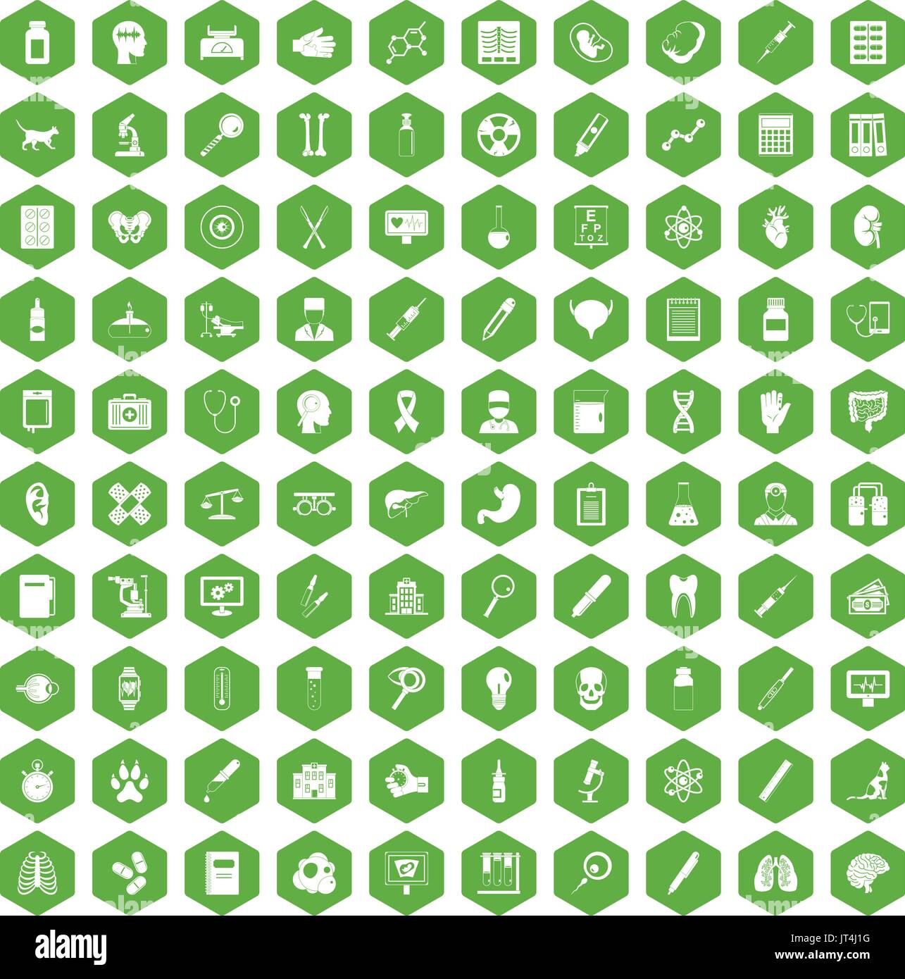 100 diagnostic icons hexagon green Stock Vector