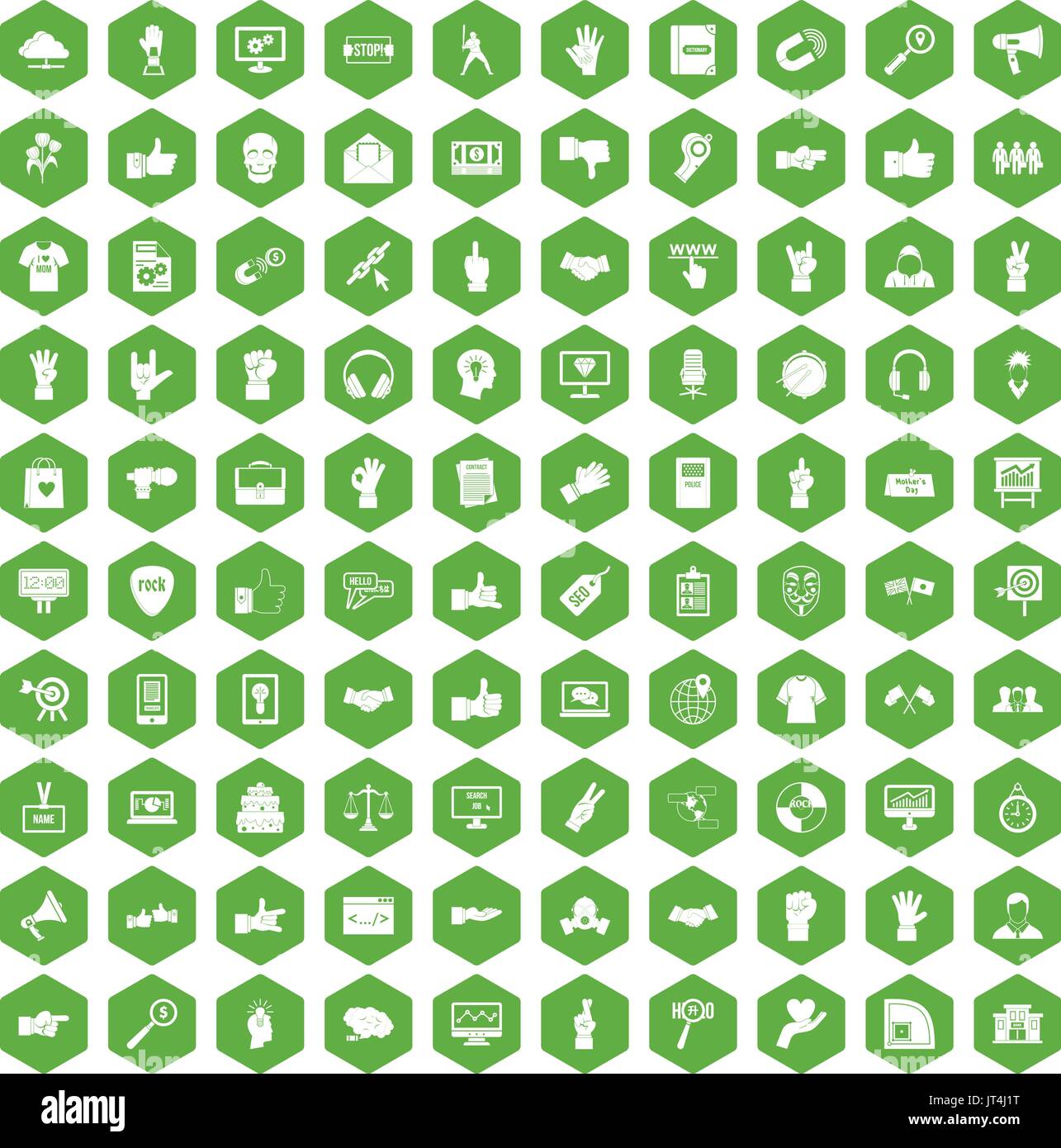 100 different gestures icons hexagon green Stock Vector