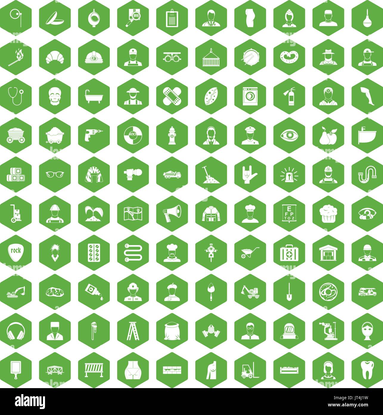 100 different professions icons hexagon green Stock Vector