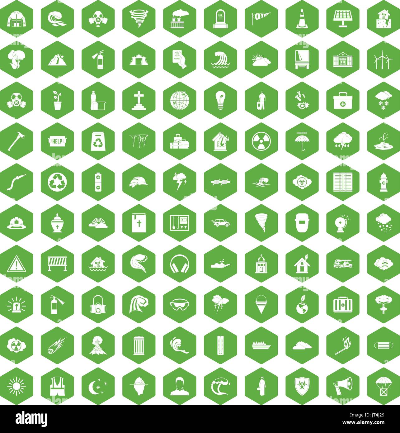 100 disaster icons hexagon green Stock Vector