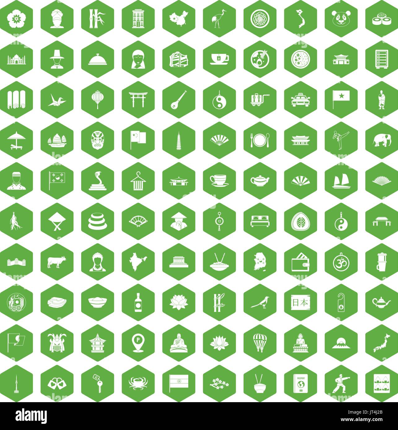 100 dish icons hexagon green Stock Vector