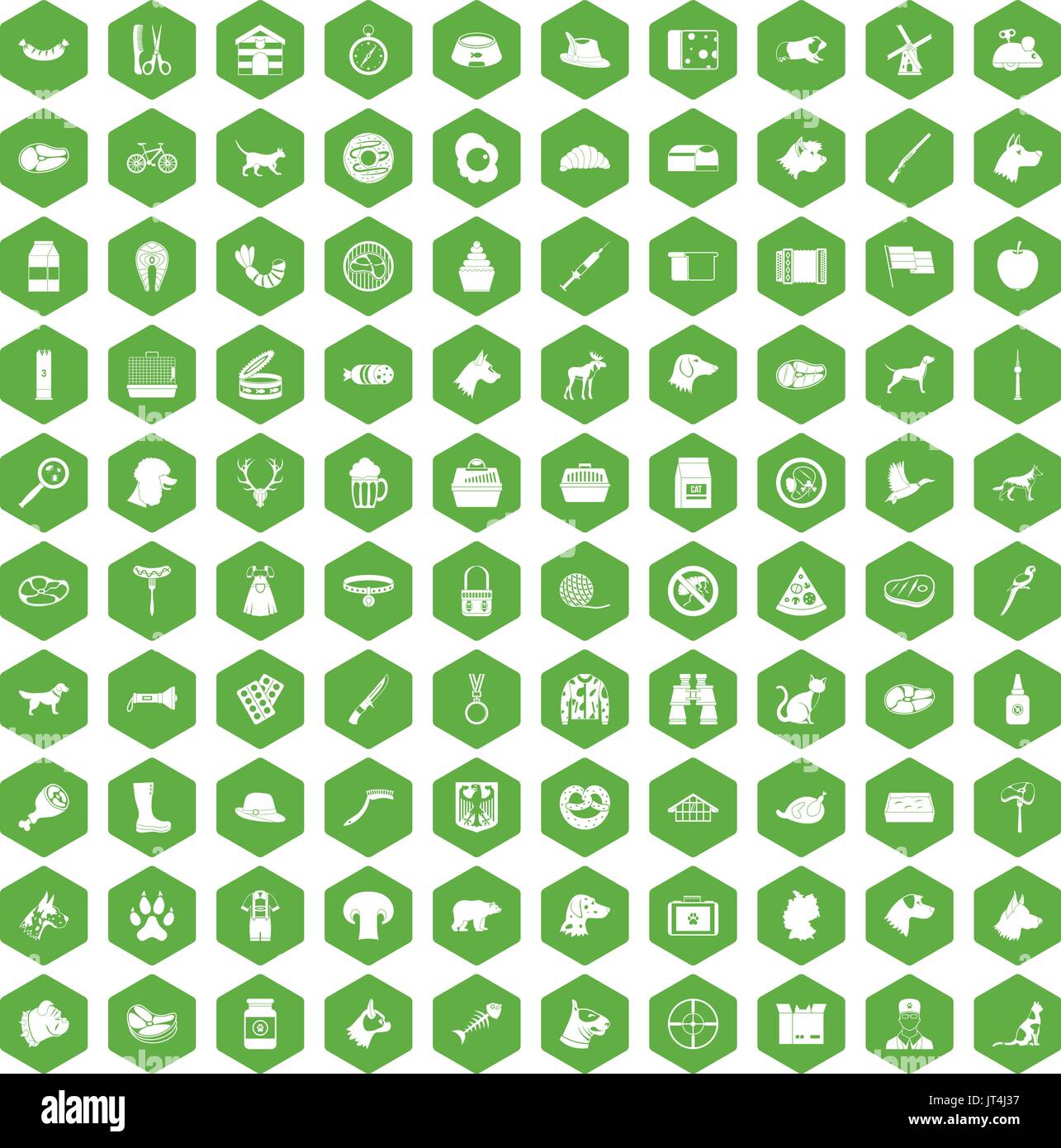 100 dog icons hexagon green Stock Vector