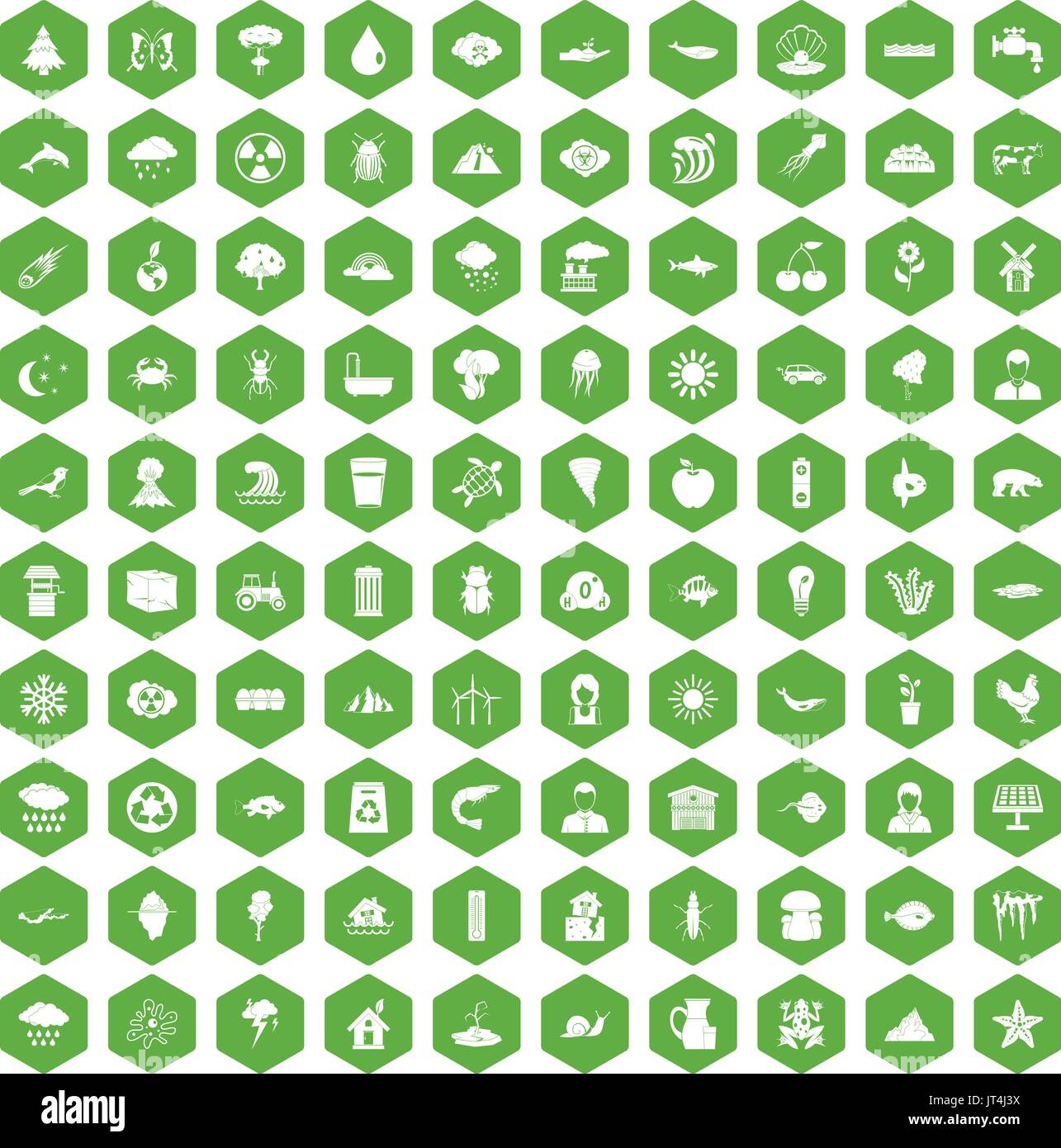 100 earth icons hexagon green Stock Vector