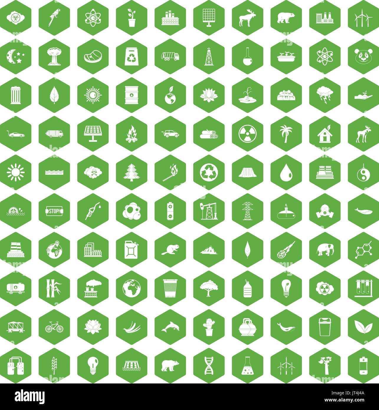 100 eco icons hexagon green Stock Vector