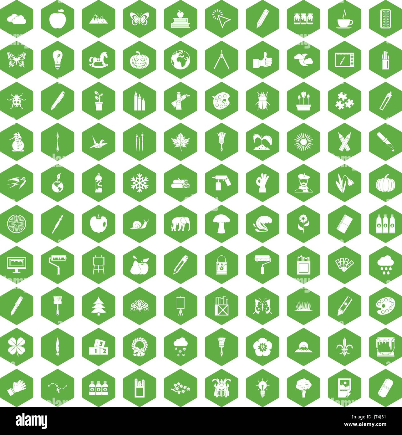 100 eco design icons hexagon green Stock Vector