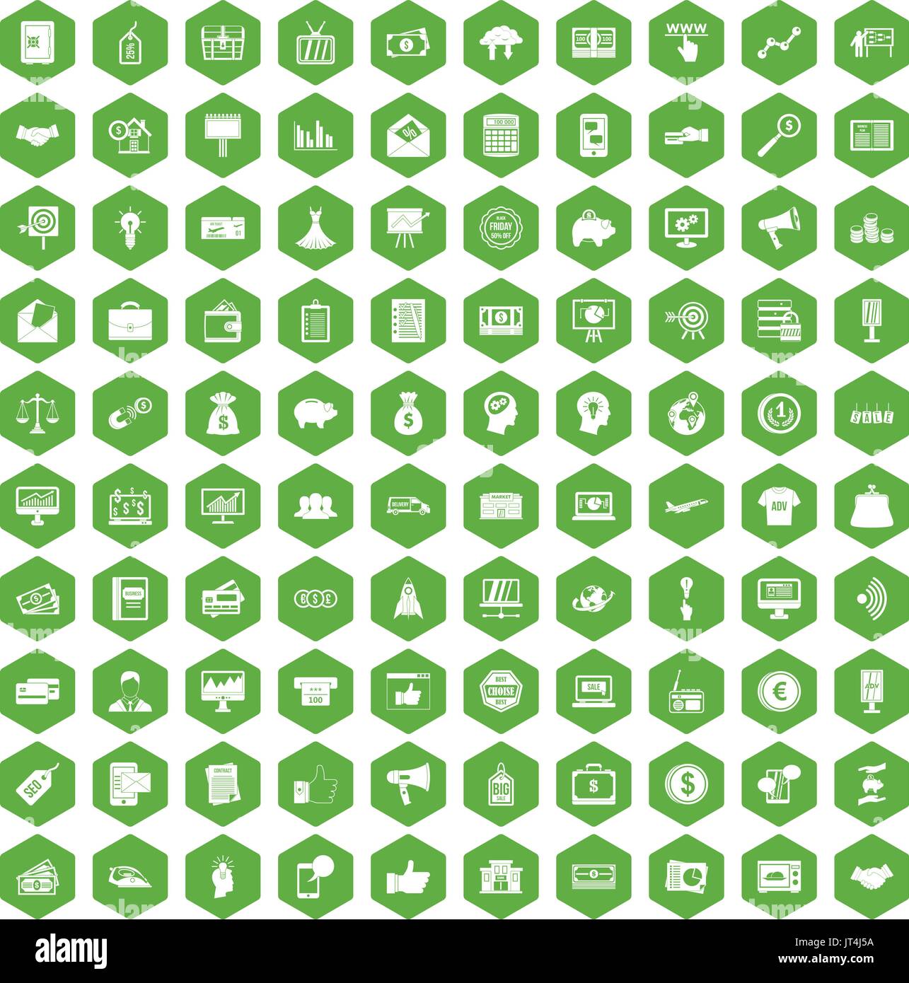 100 e-commerce icons hexagon green Stock Vector