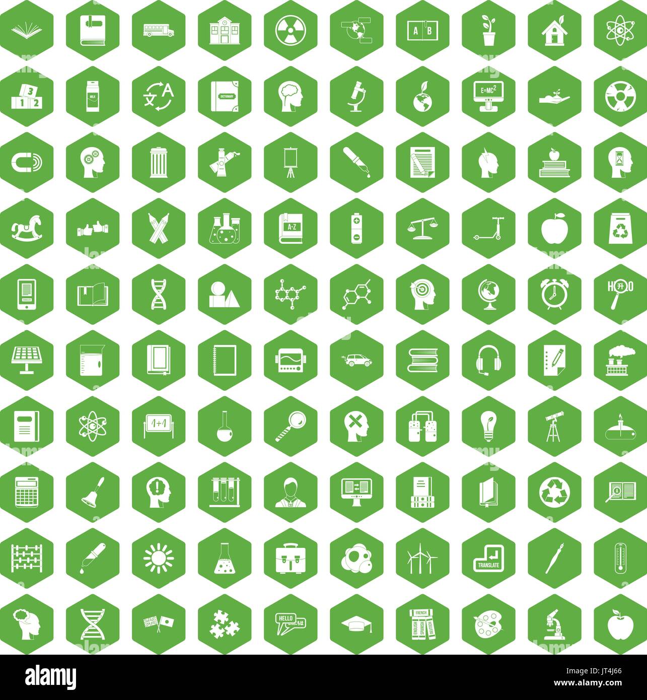 100 education icons hexagon green Stock Vector