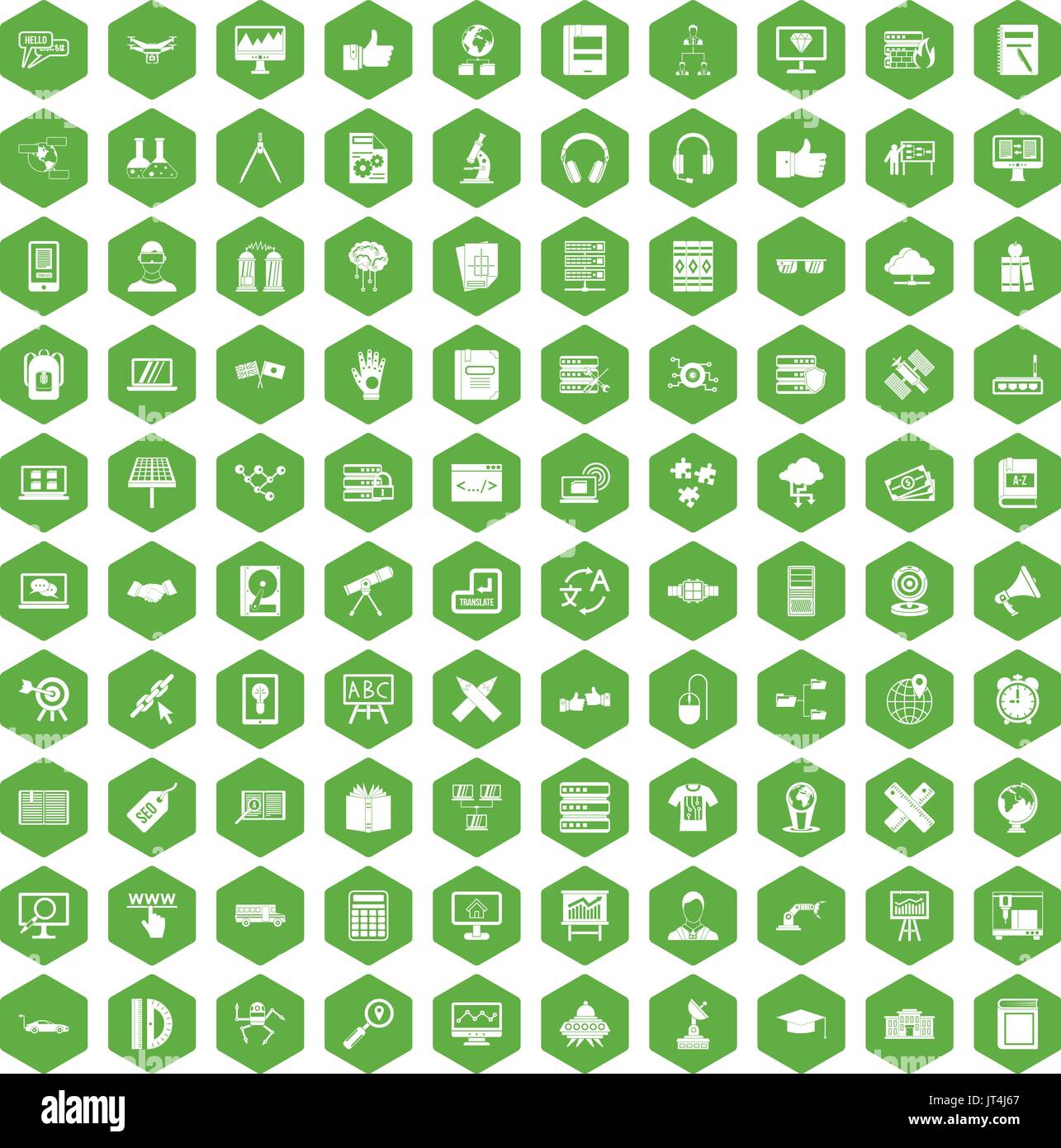 100 education technology icons hexagon green Stock Vector