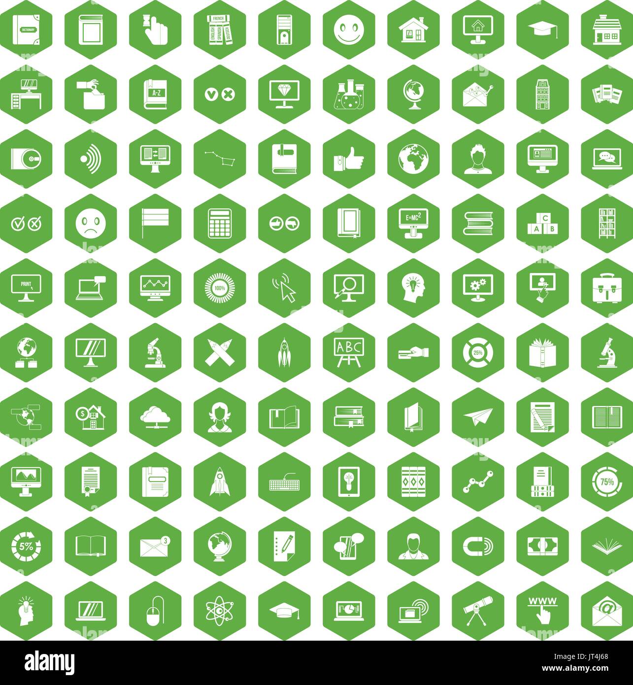 100 e-learning icons hexagon green Stock Vector