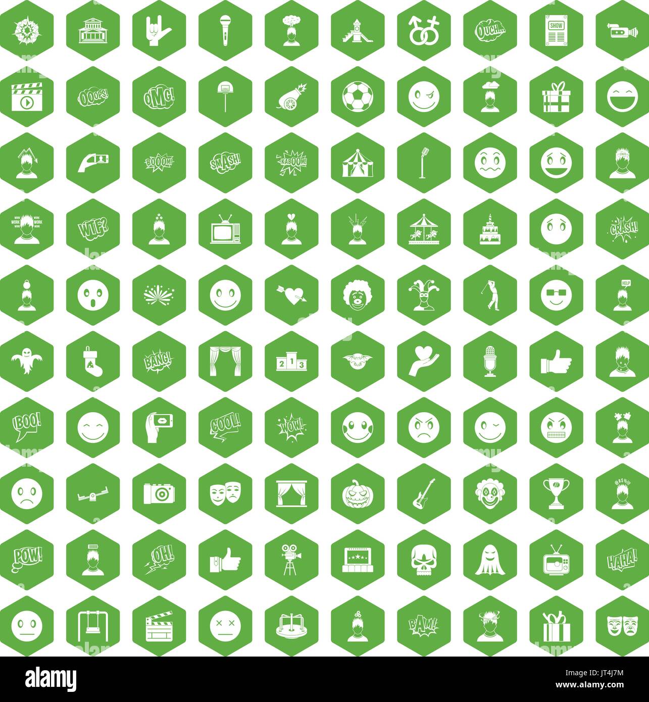 100 emotion icons hexagon green Stock Vector