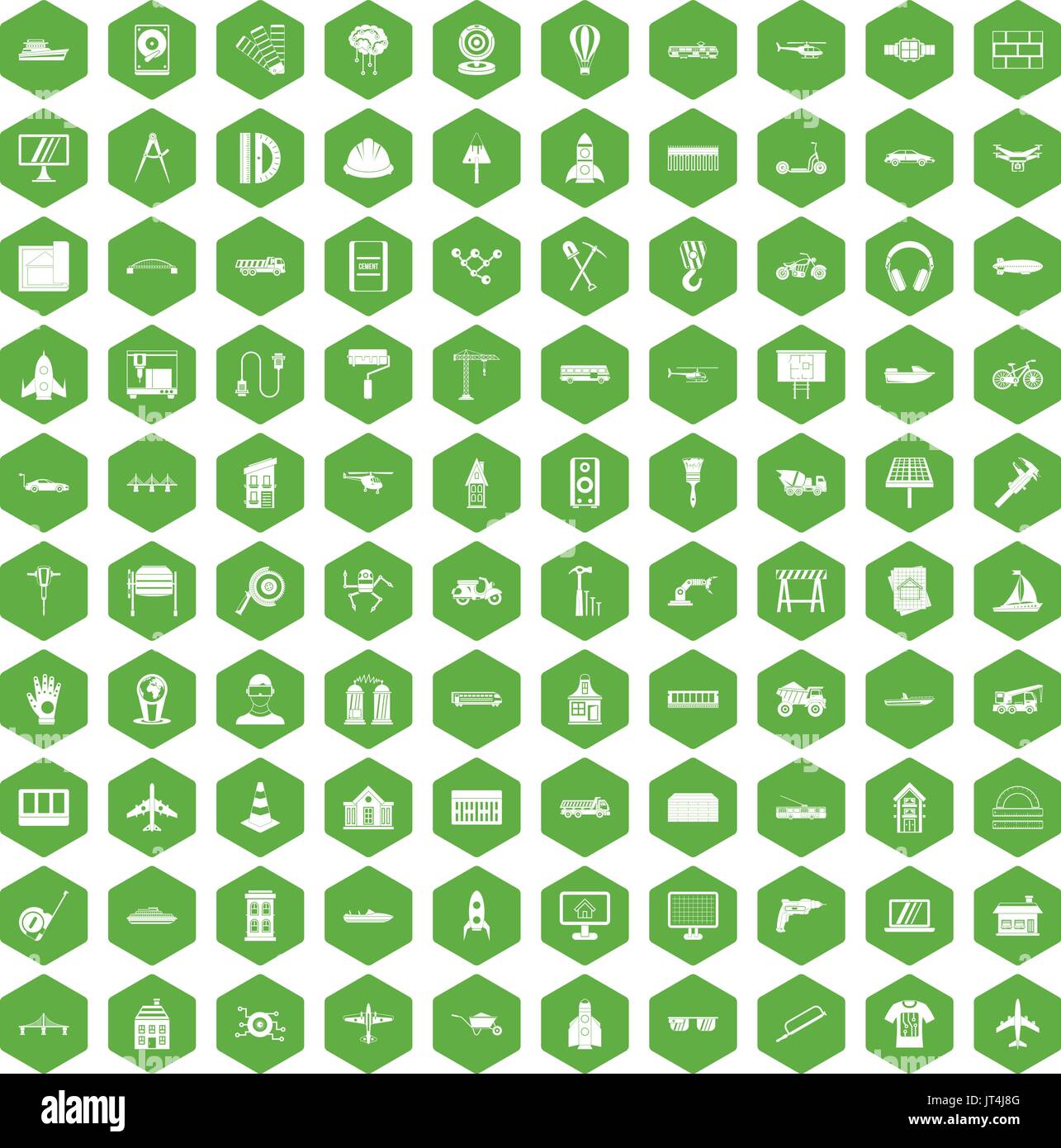100 engineering icons hexagon green Stock Vector
