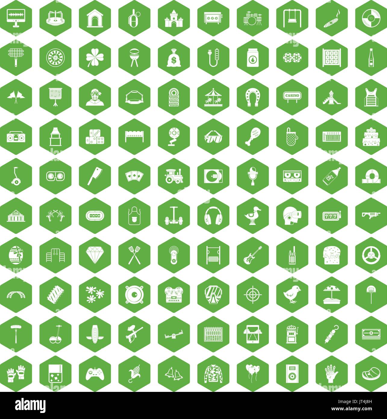 100 entertainment icons hexagon green Stock Vector