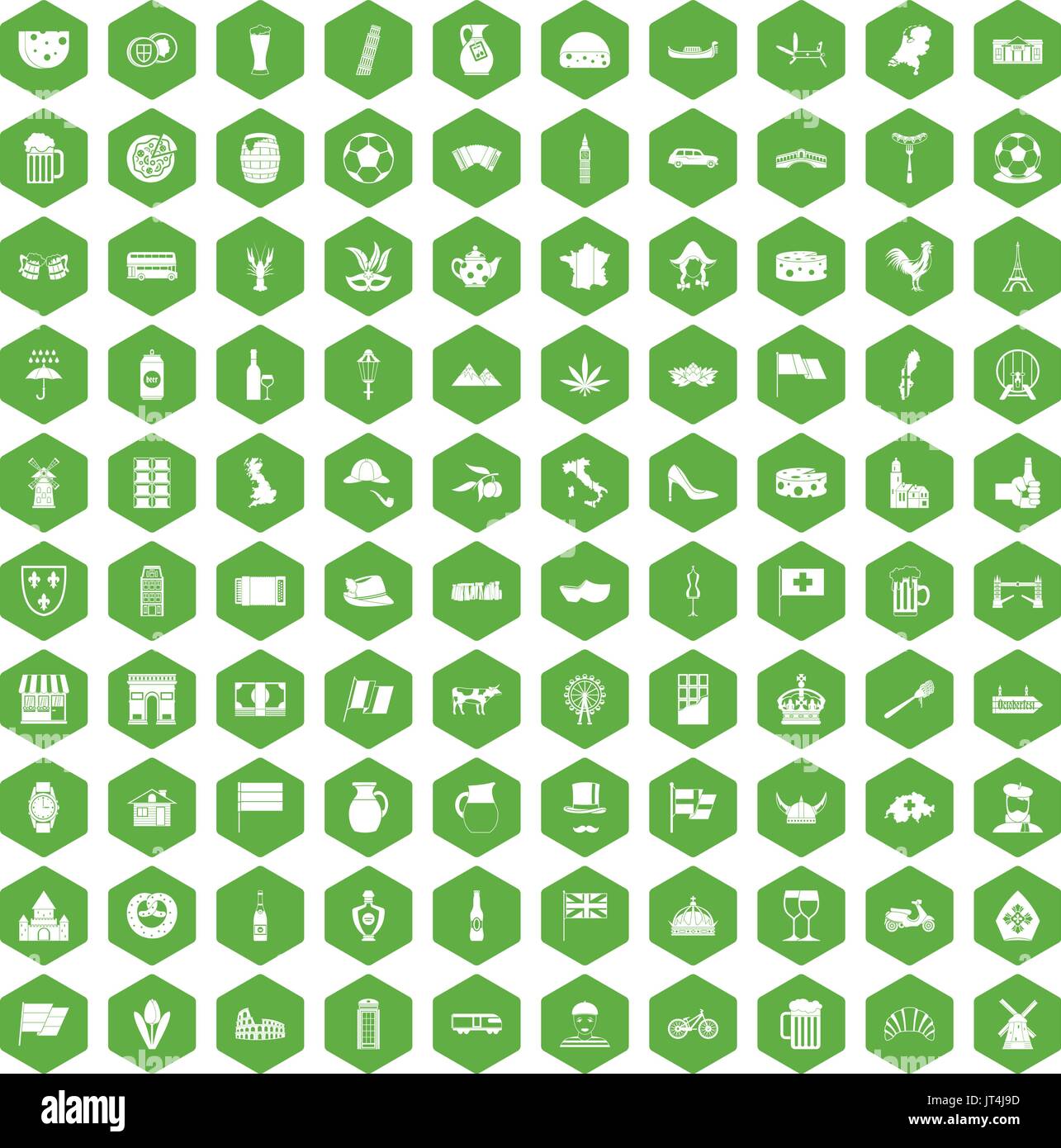 100 europe countries icons hexagon green Stock Vector