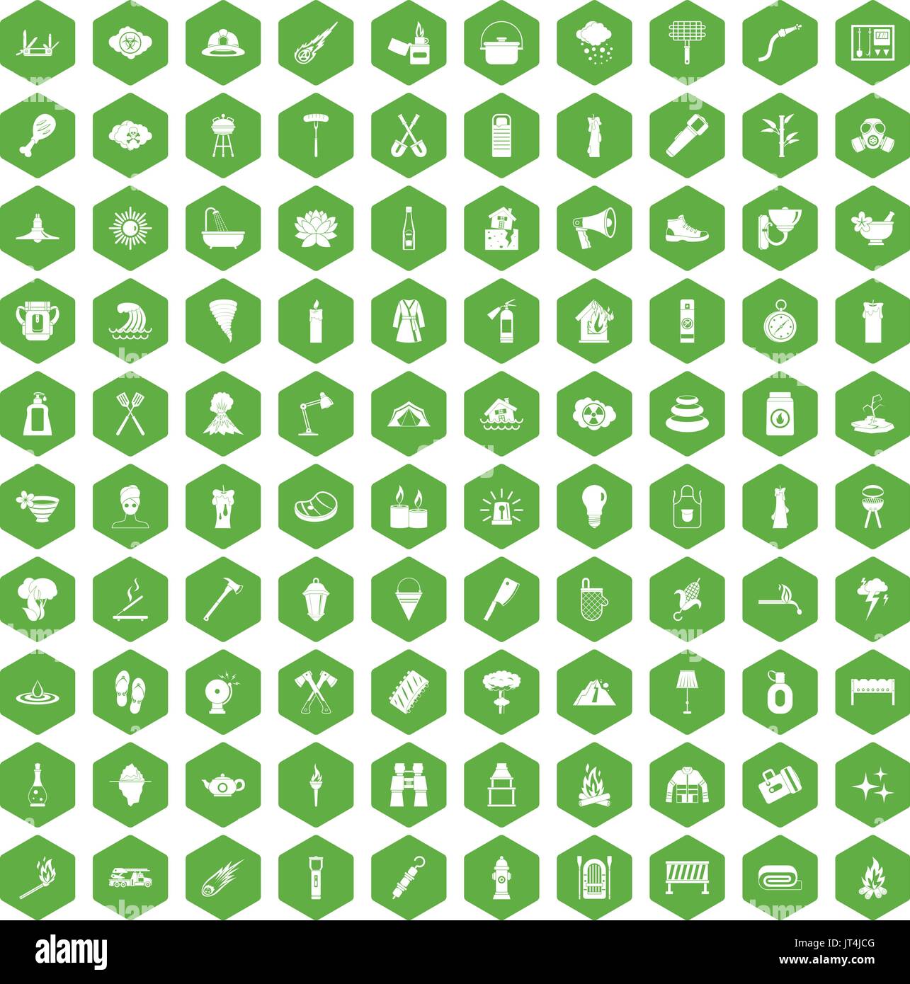 100 fire icons hexagon green Stock Vector