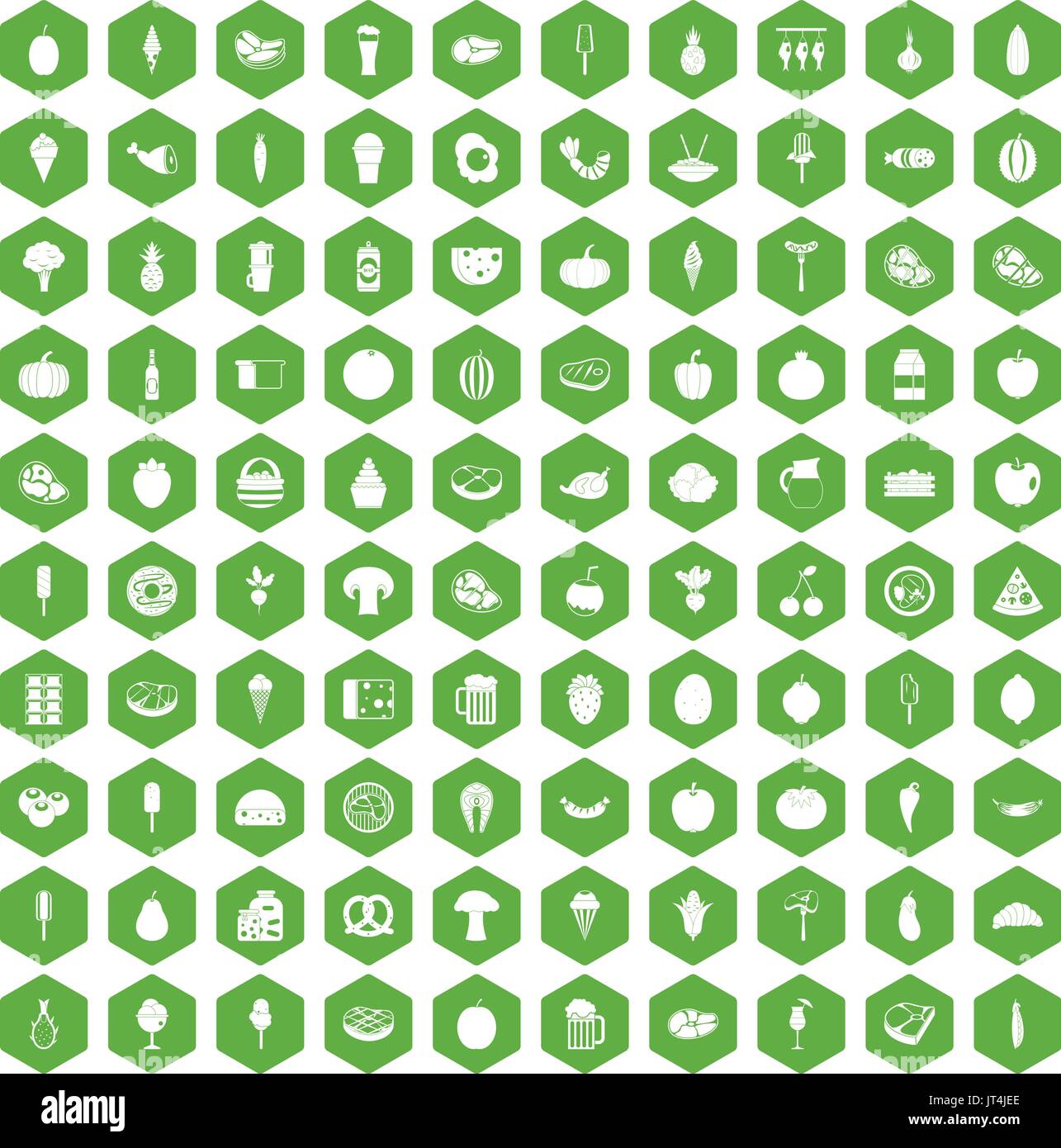 100 food icons hexagon green Stock Vector