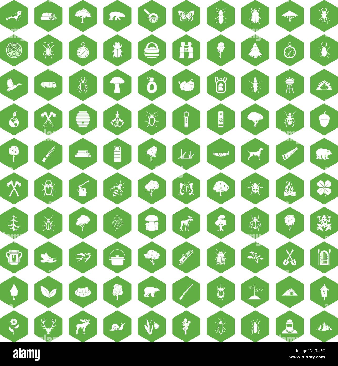 100 forest icons hexagon green Stock Vector