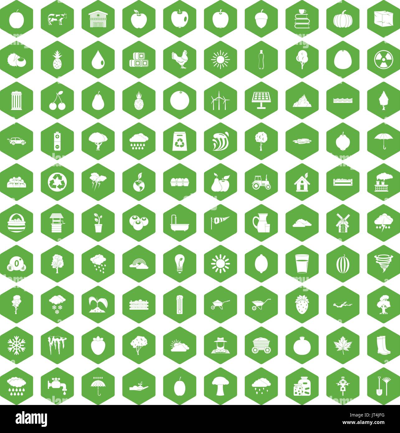 100 fruit icons hexagon green Stock Vector