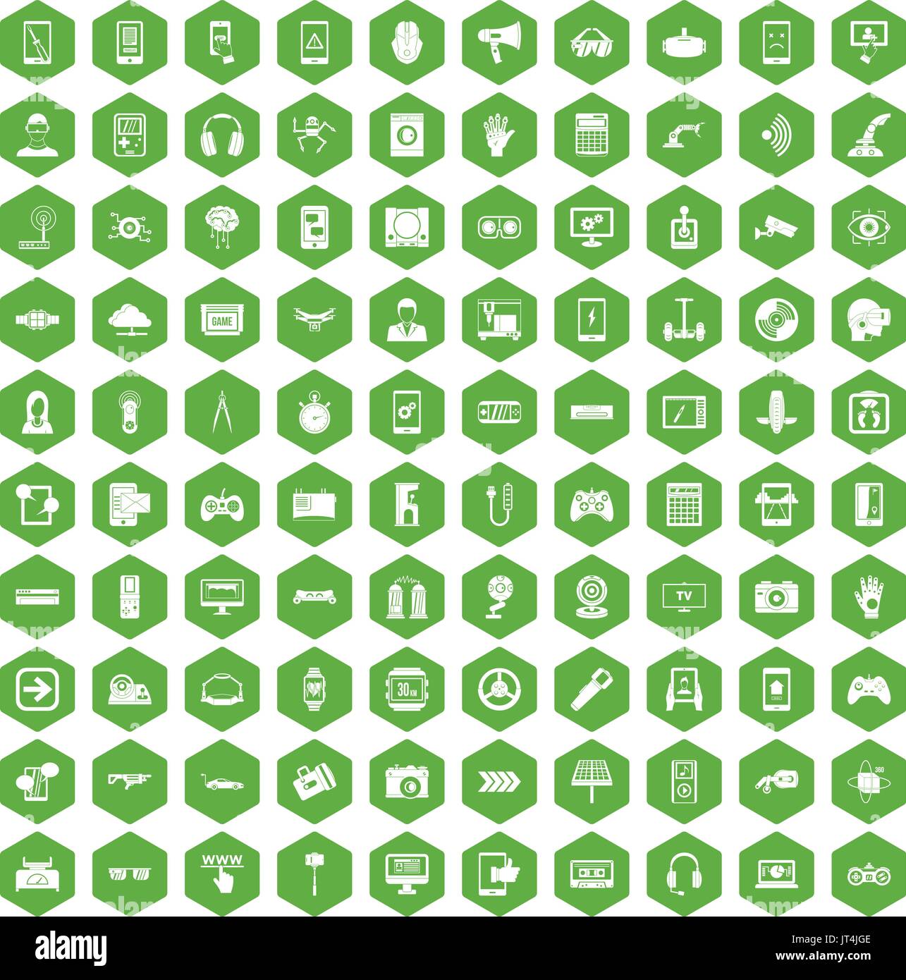 100 gadget icons hexagon green Stock Vector