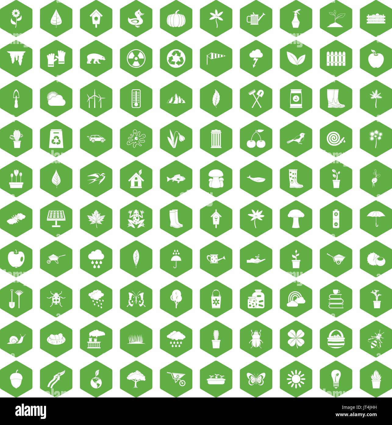 100 garden stuff icons hexagon green Stock Vector