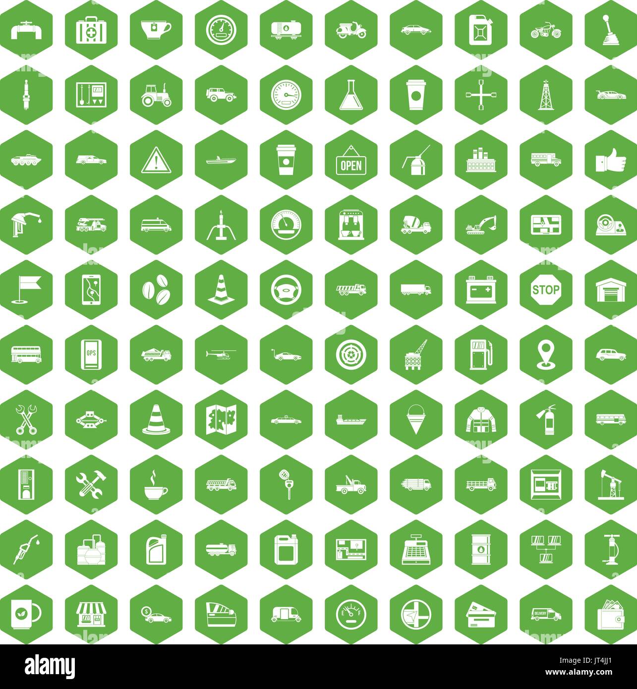 100 gas station icons hexagon green Stock Vector