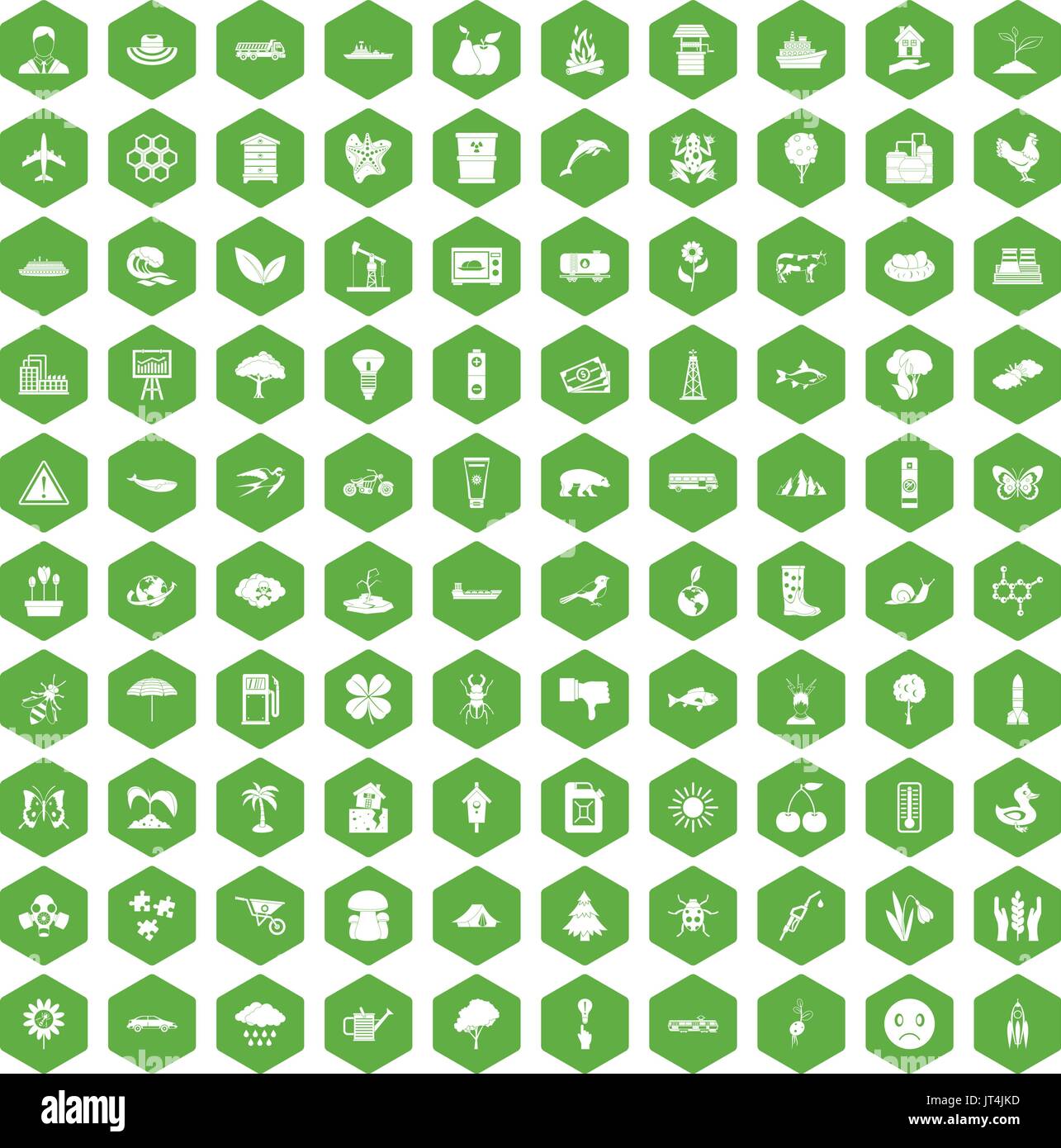 100 global warming icons hexagon green Stock Vector