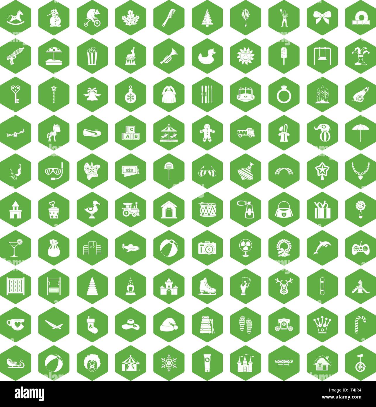 100 happy childhood icons hexagon green Stock Vector
