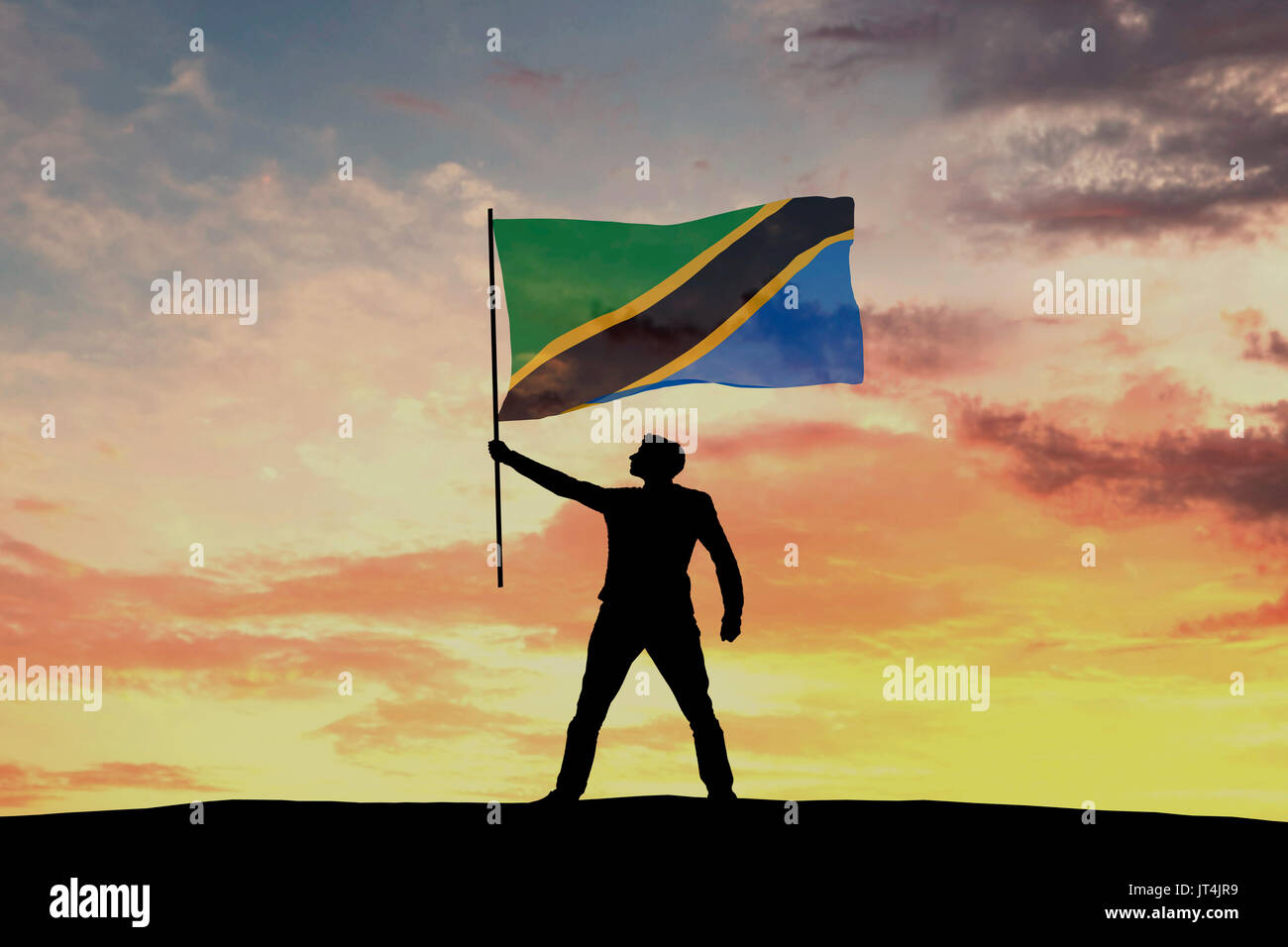 Male silhouette figure waving Tanzania flag. 3D Rendering Stock Photo ...
