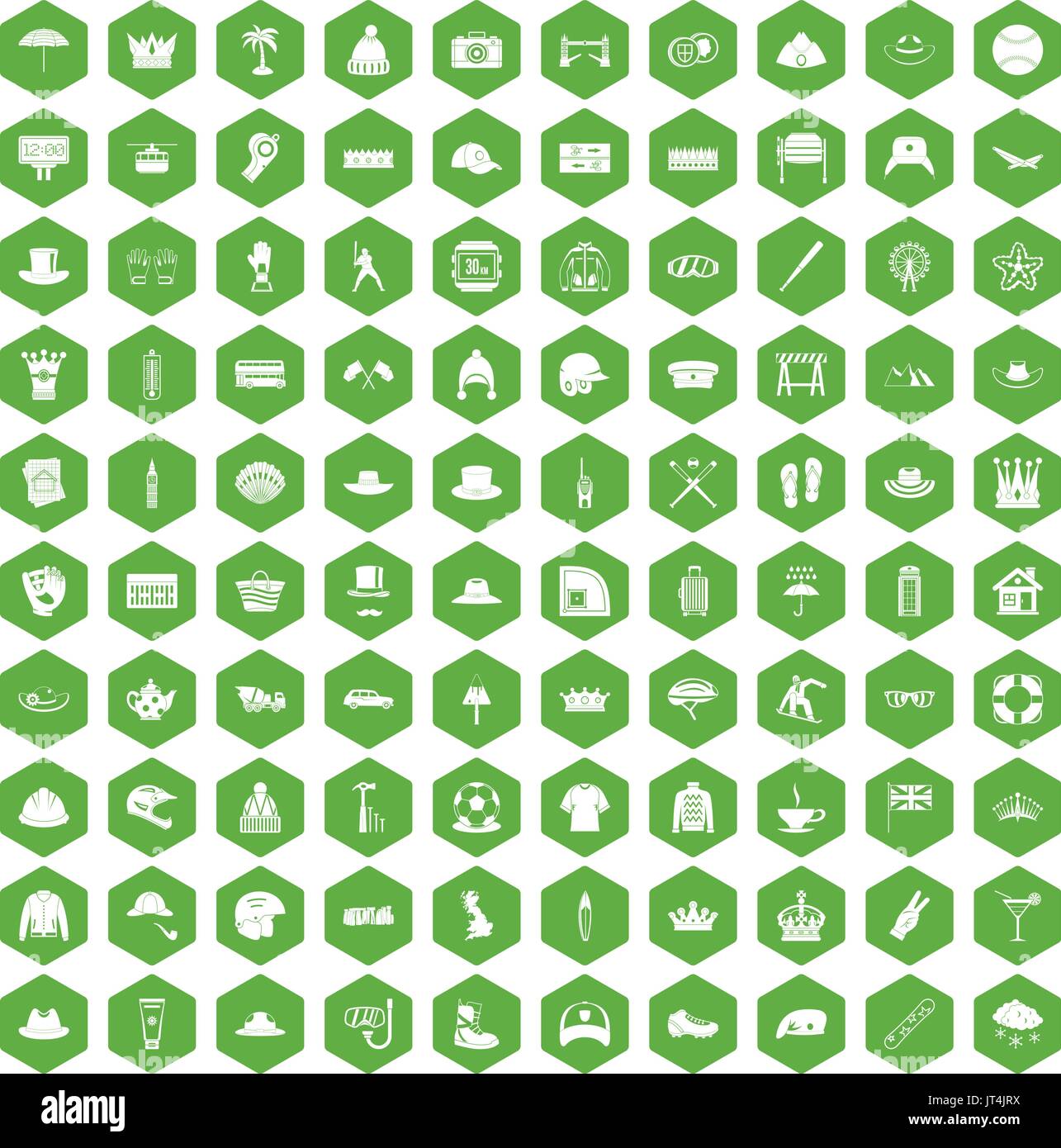 100 hat icons hexagon green Stock Vector