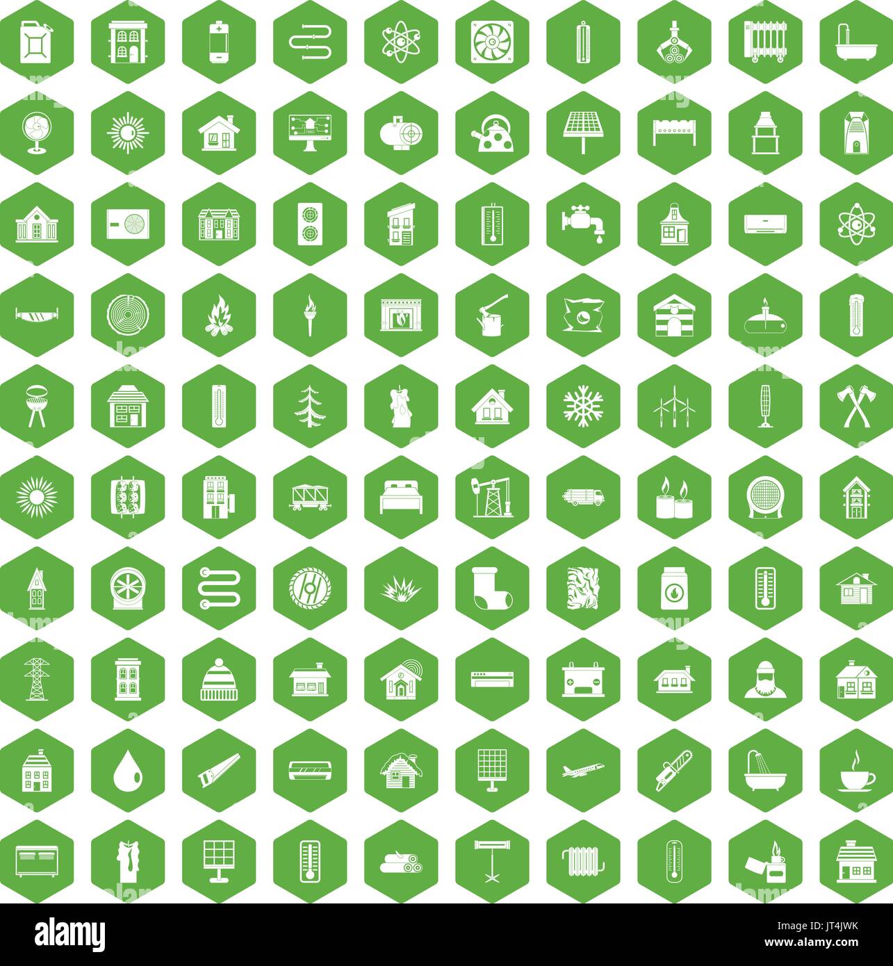 100 heating icons hexagon green Stock Vector