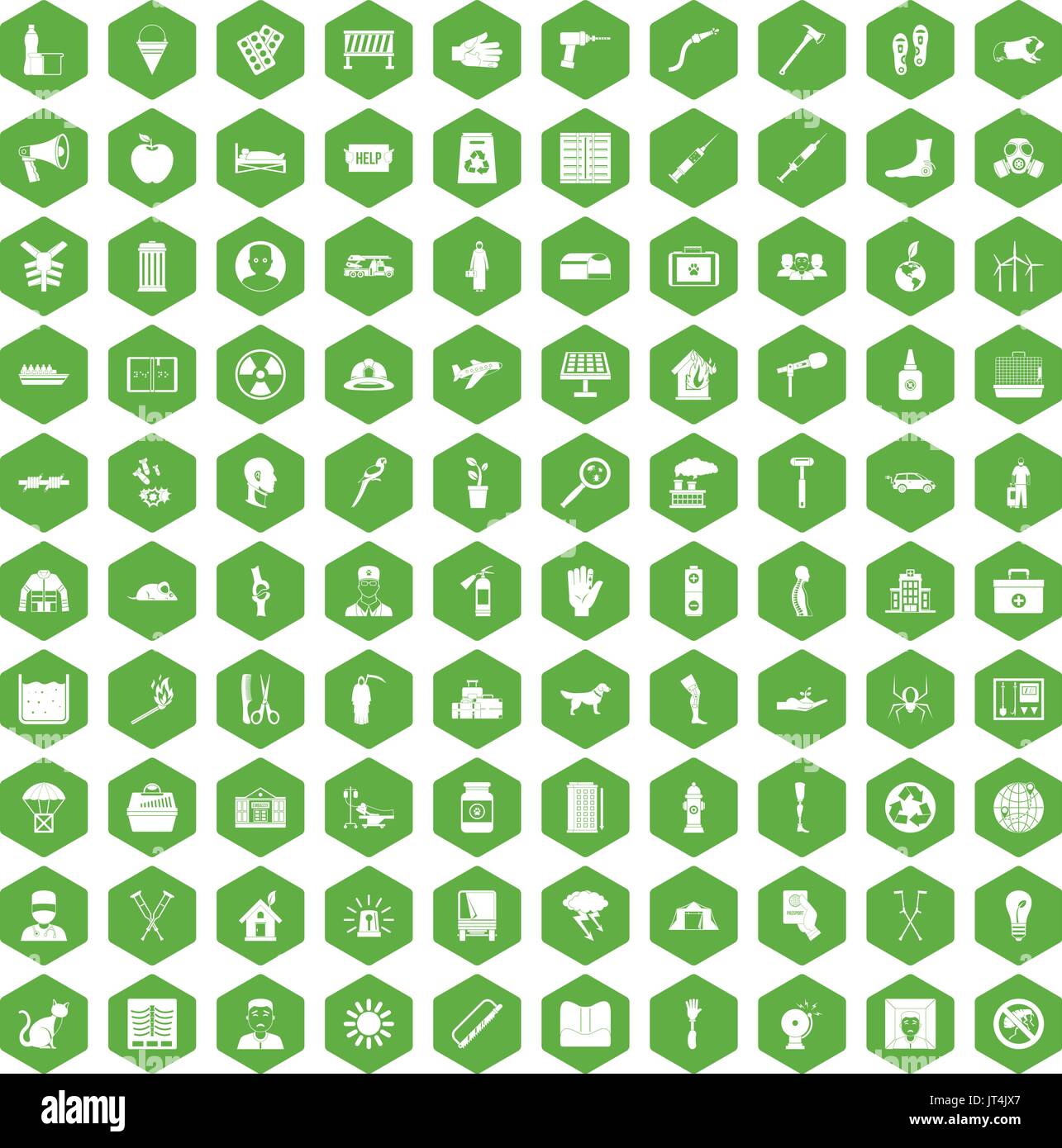 100 help icons hexagon green Stock Vector