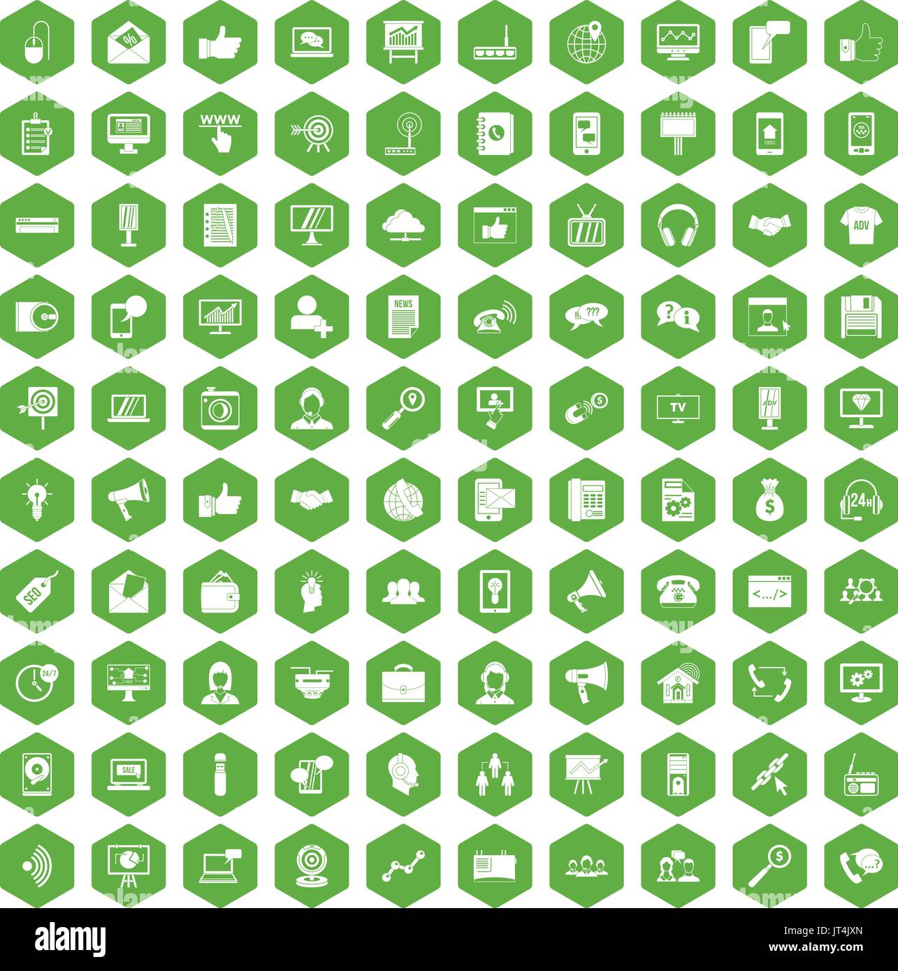 100 help desk icons hexagon green Stock Vector