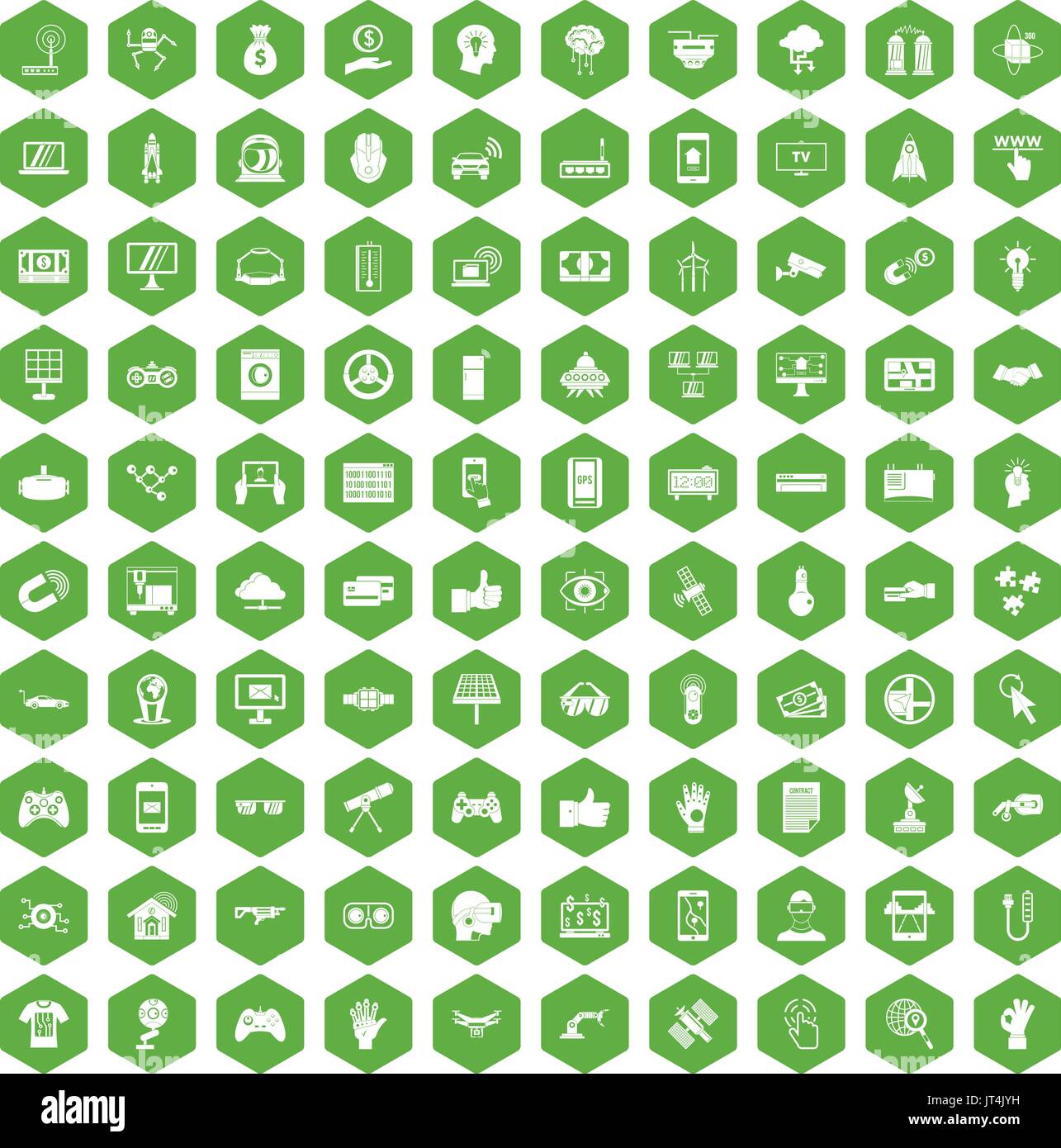 100 hi-tech icons hexagon green Stock Vector